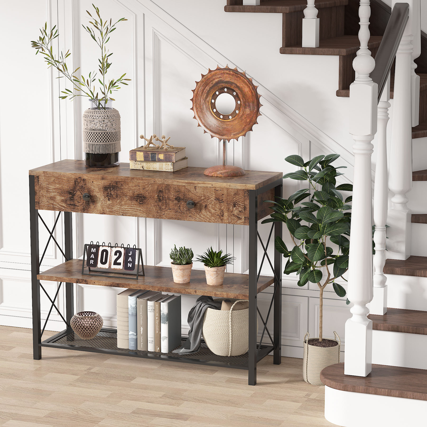 Living Room Hall Way Furniture Antique Brown Wood Console Table With Drawers Undershelf