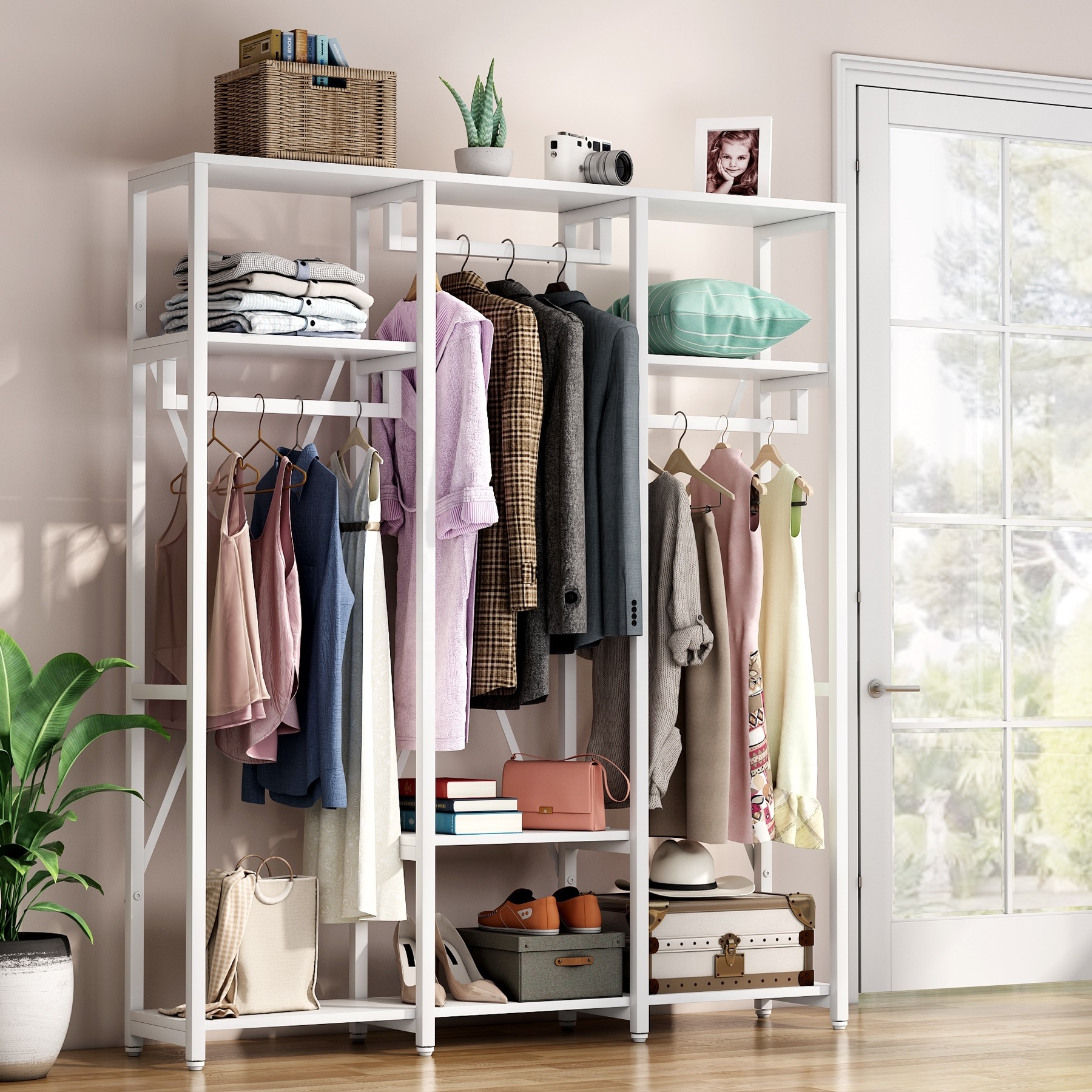 Free Standing 4-Tier Storage Shelf Closet Organizer White 3 Rod Garment Wardrobe Clothes Rack with Shoe Shelves