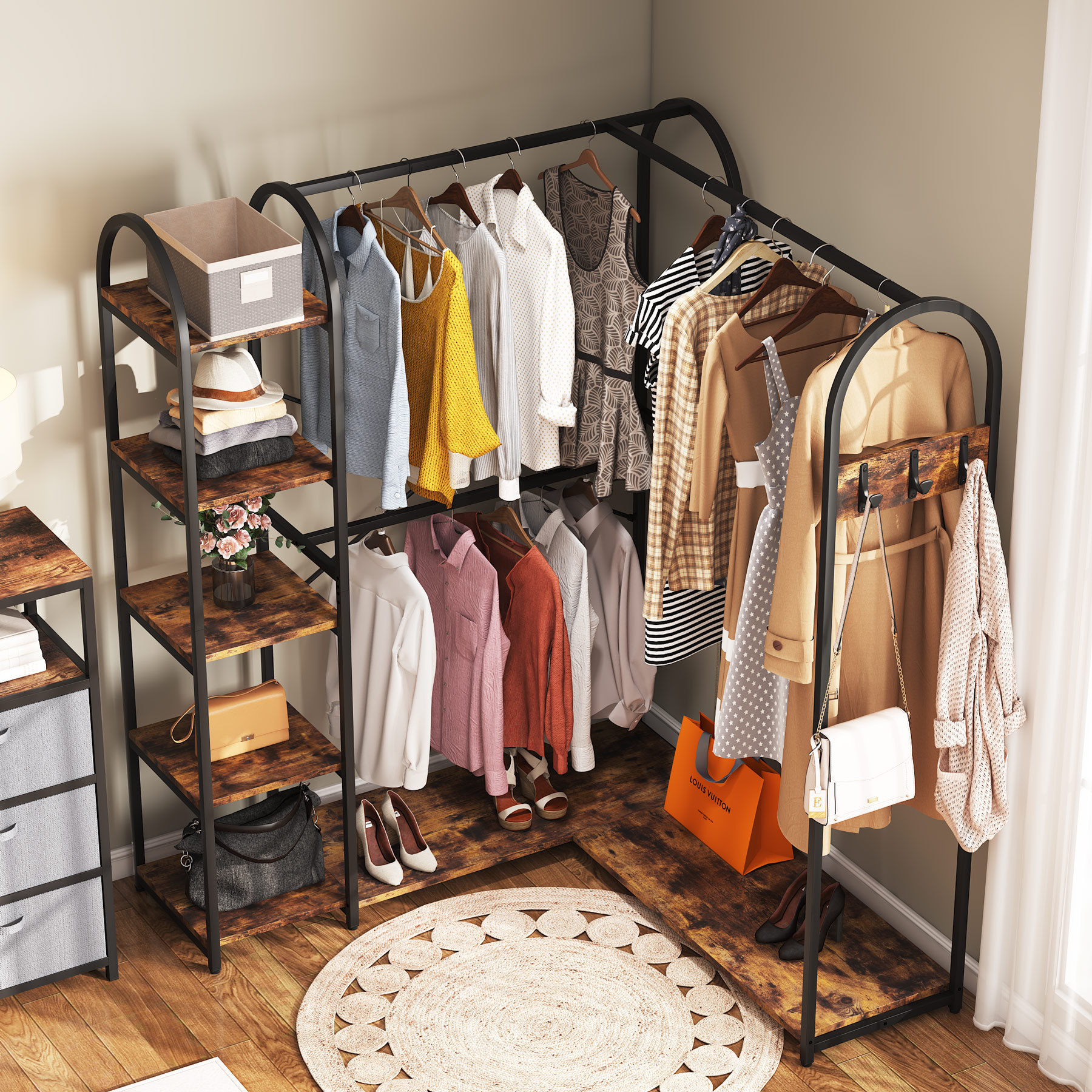 Tribesigns Rustic Wood L-Shaped Clothes Rack, Corner Garment Rack with Storage Shelves Hotel Portable Closet Organizer