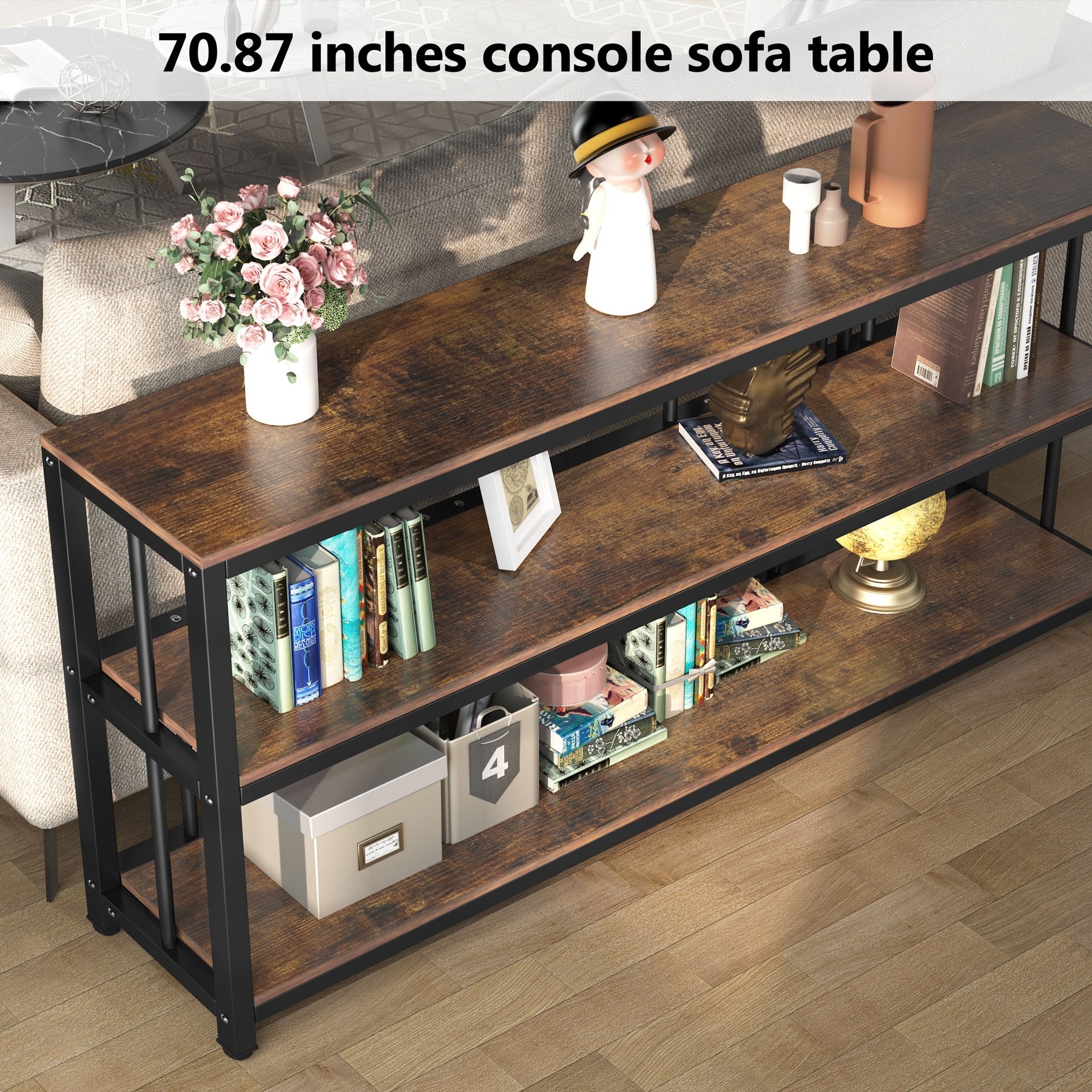 Tribesigns skinny long mental frame console sofa side table wood hallway table behind couch living room furniture