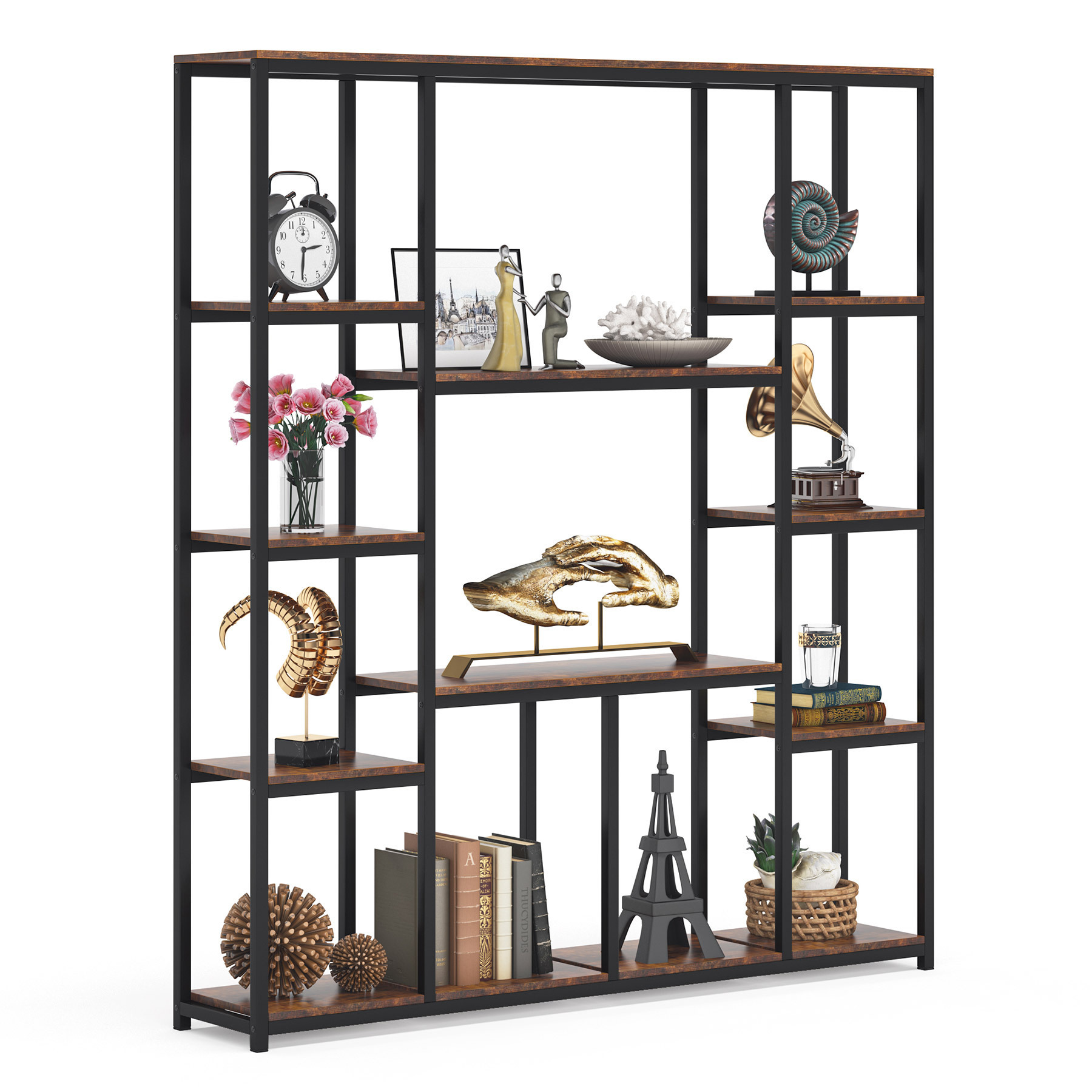 Fashion Geometric Black Tall 5 Tier open shelving Metal Frame Bookcase Display Book Shelves for Chapter study living room