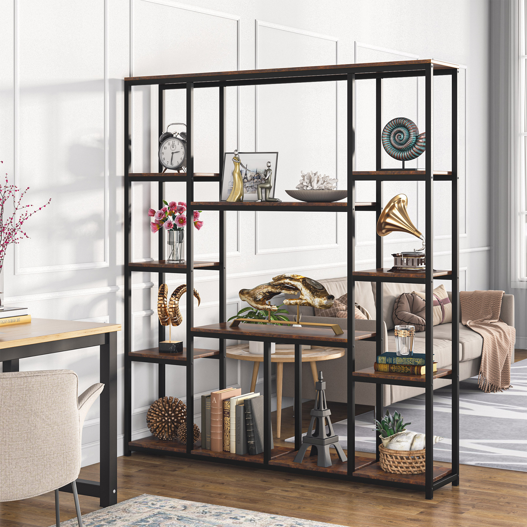 Fashion Geometric Black Tall 5 Tier open shelving Metal Frame Bookcase Display Book Shelves for Chapter study living room