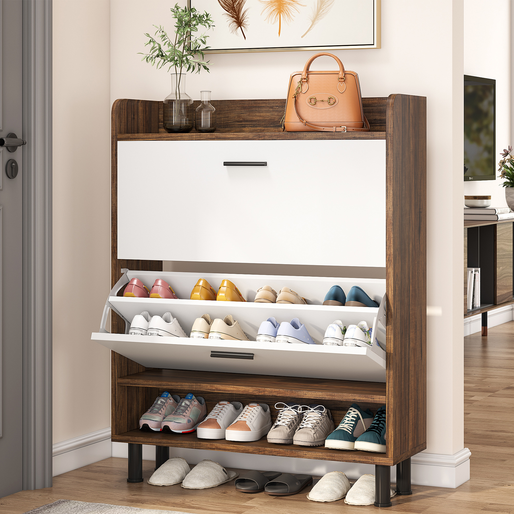 Tribesigns 2023 Solid Wood Shoe Cabinet with Doors Industrial Shoe Organizer Rack for Living room