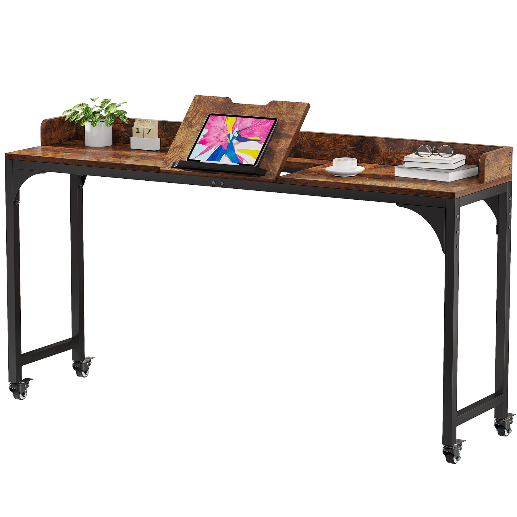 Tribesigns Brown Overbed Table with Wheels Mobile Computer Workstation