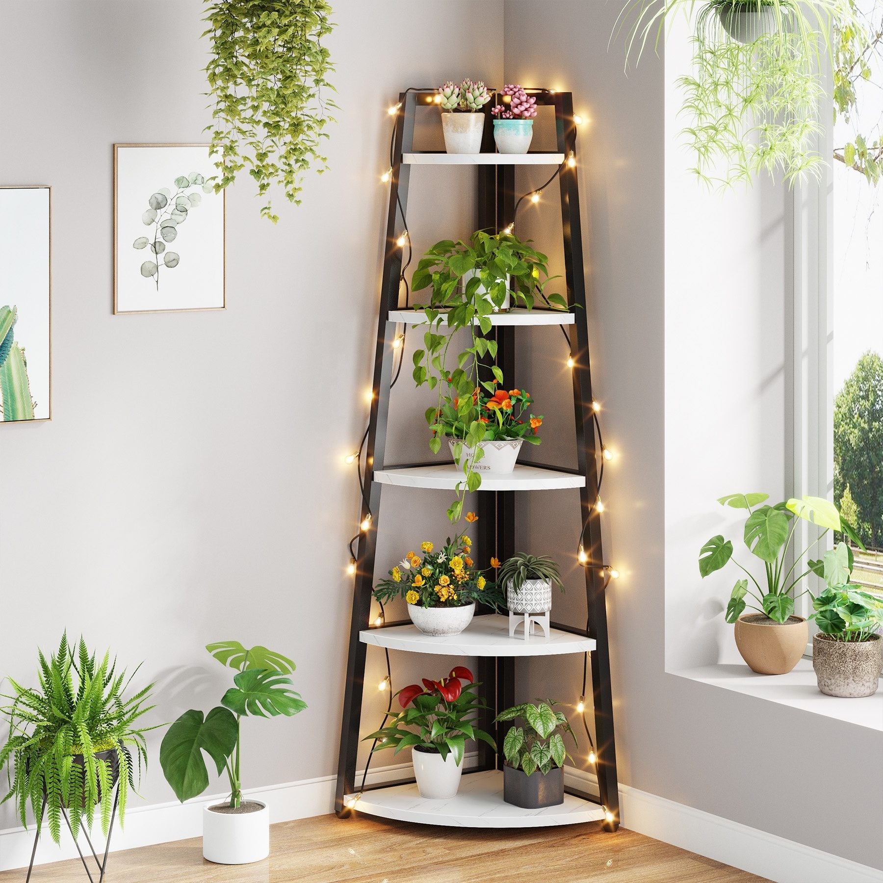 Industrial 5 Tier Bookshelf Bookcase unit Plant Corner Display Storage Ladder Shelf for Bedroom Living Room Kitchen