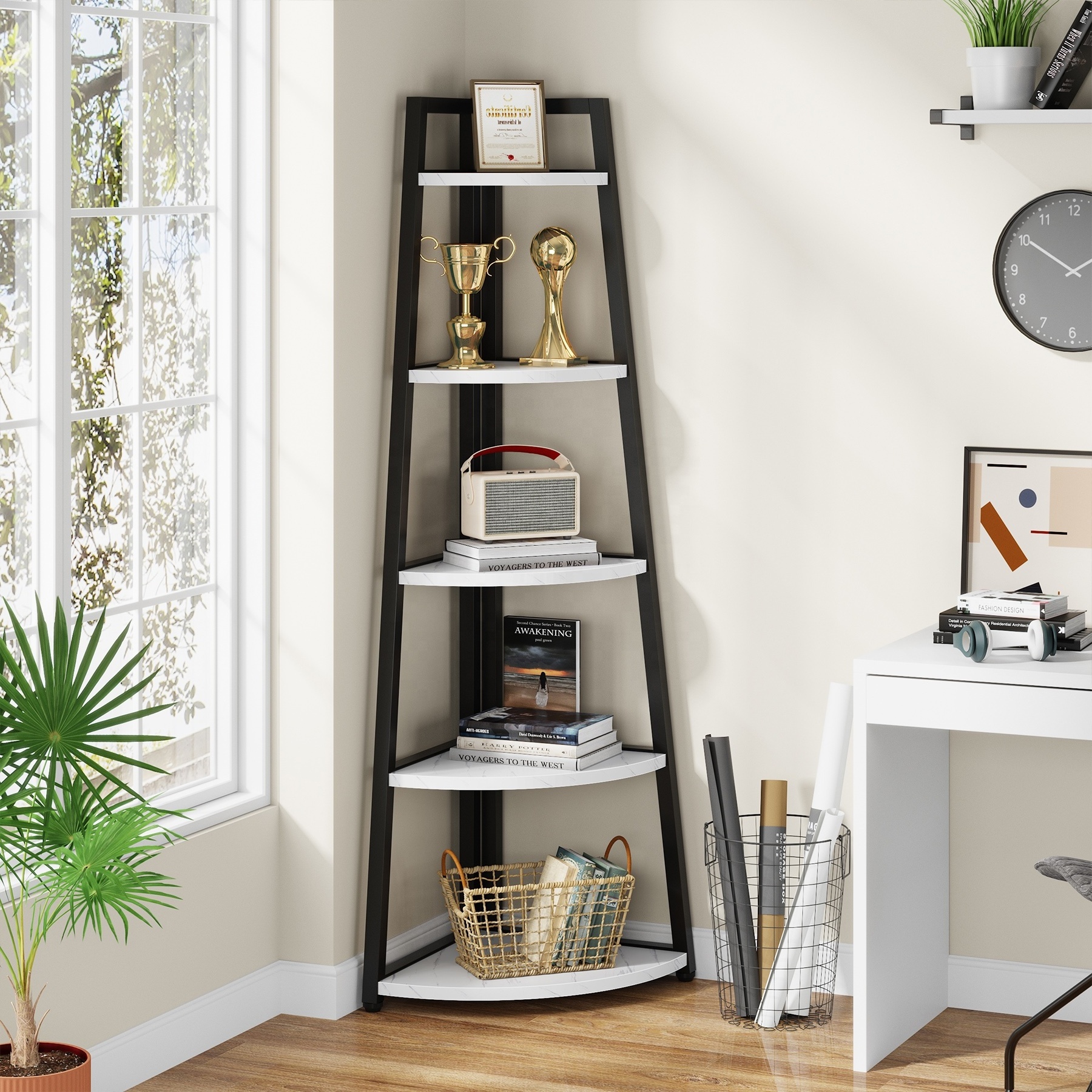 Industrial 5 Tier Bookshelf Bookcase unit Plant Corner Display Storage Ladder Shelf for Bedroom Living Room Kitchen