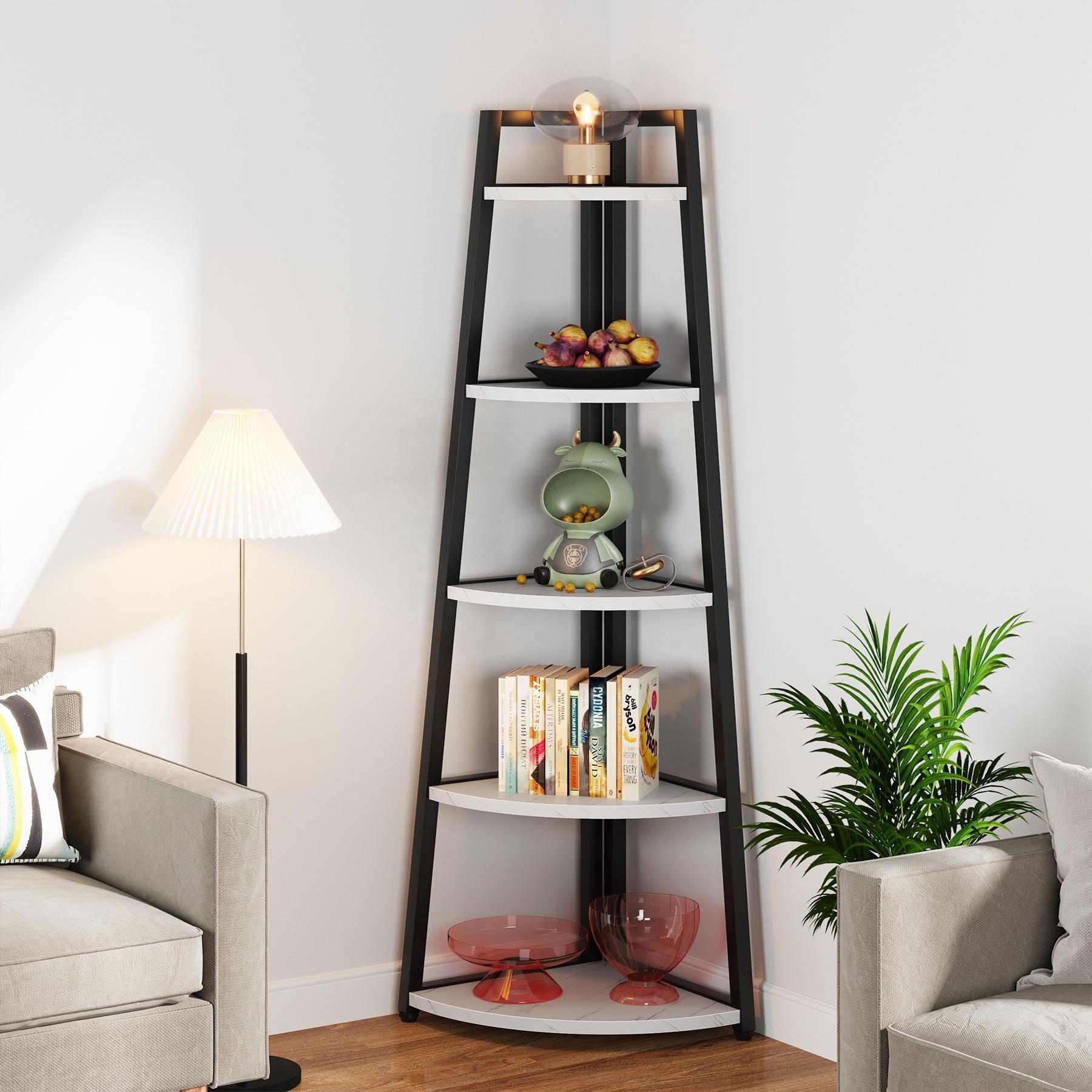 Industrial 5 Tier Bookshelf Bookcase unit Plant Corner Display Storage Ladder Shelf for Bedroom Living Room Kitchen