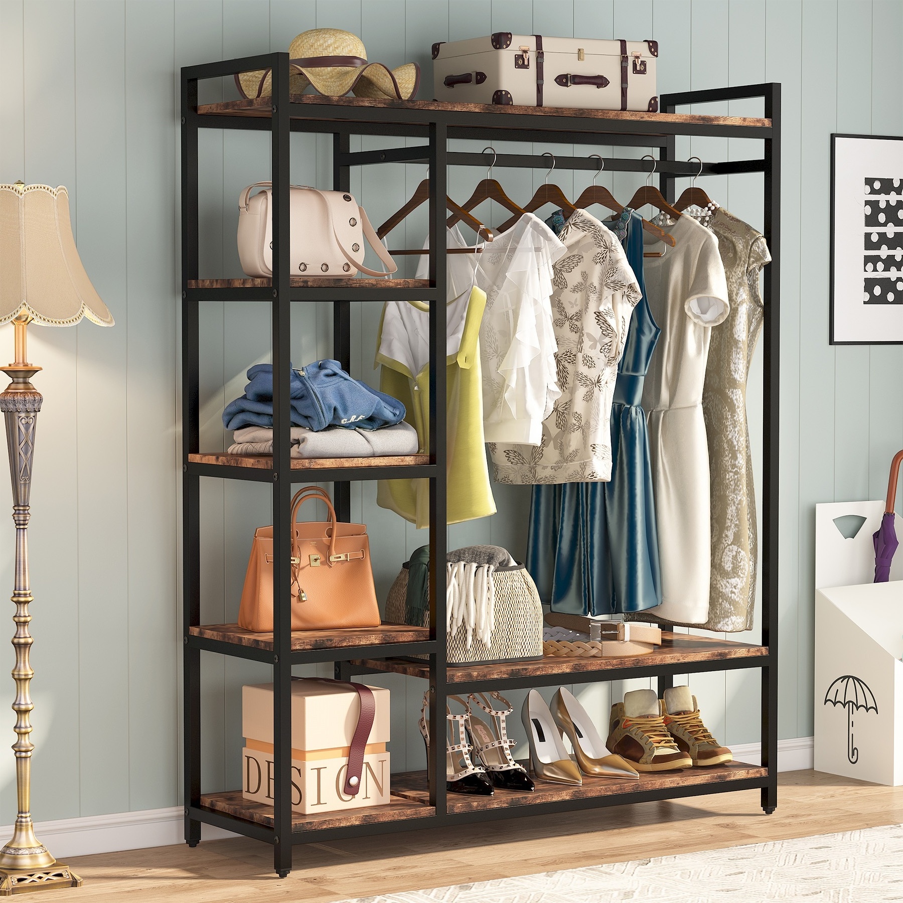 Large Capacity Free Standing Clothes Closet Organizer Coat Rack with 6 Metal Shelves Closets Garment Racks for Bedroom