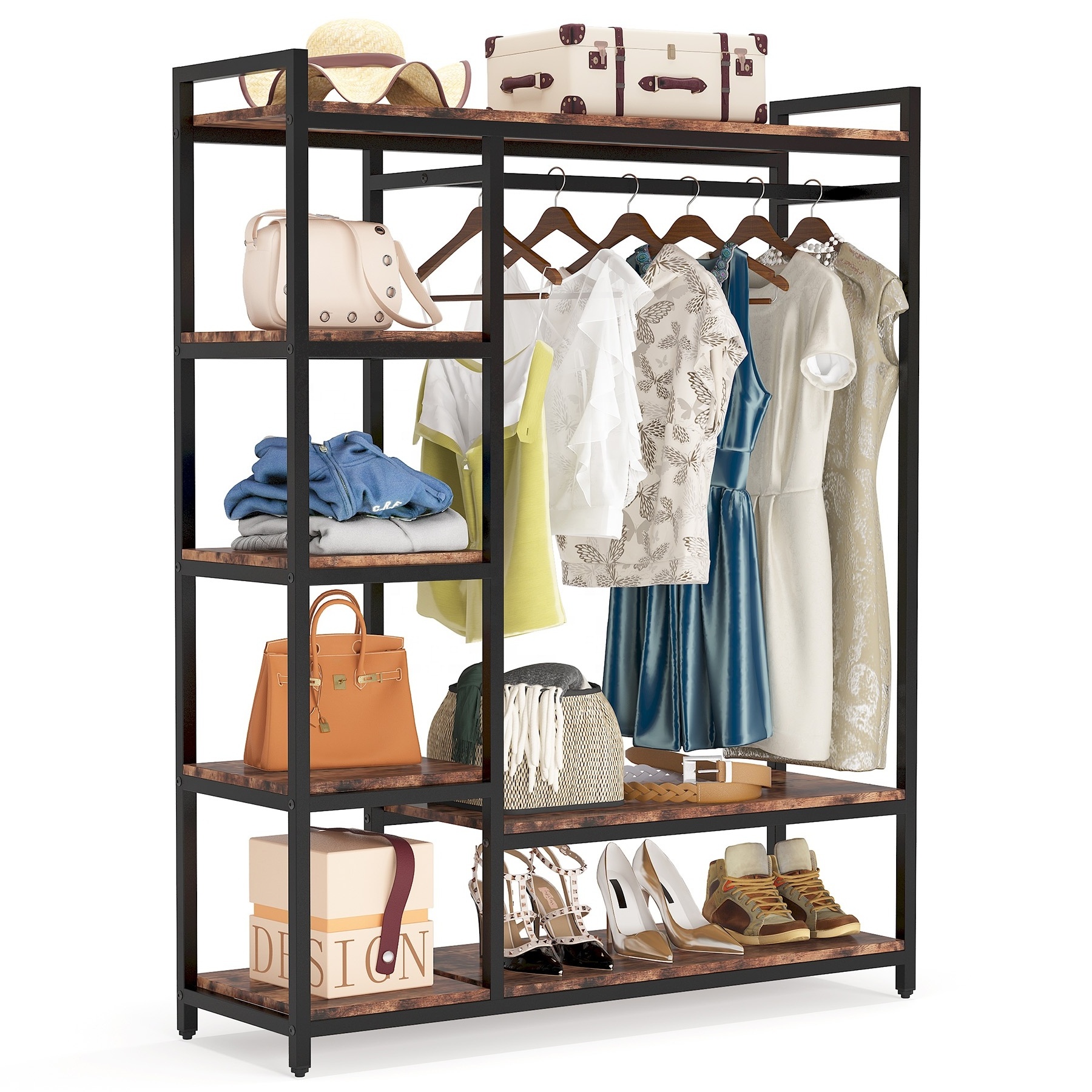 Large Capacity Free Standing Clothes Closet Organizer Coat Rack with 6 Metal Shelves Closets Garment Racks for Bedroom