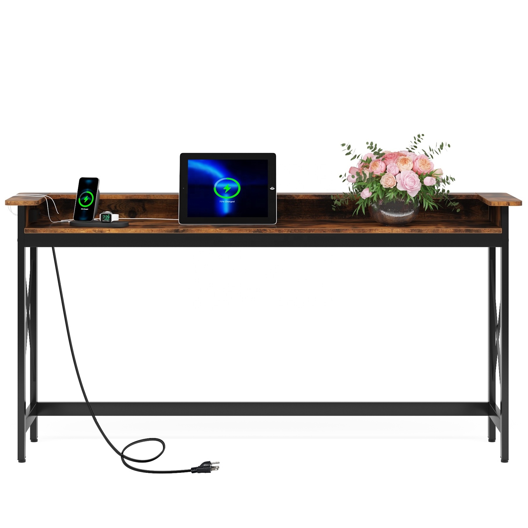 Tribesigns modern wood skinny meuble d'entree couloir sofa coffee bar long console side table with charging station