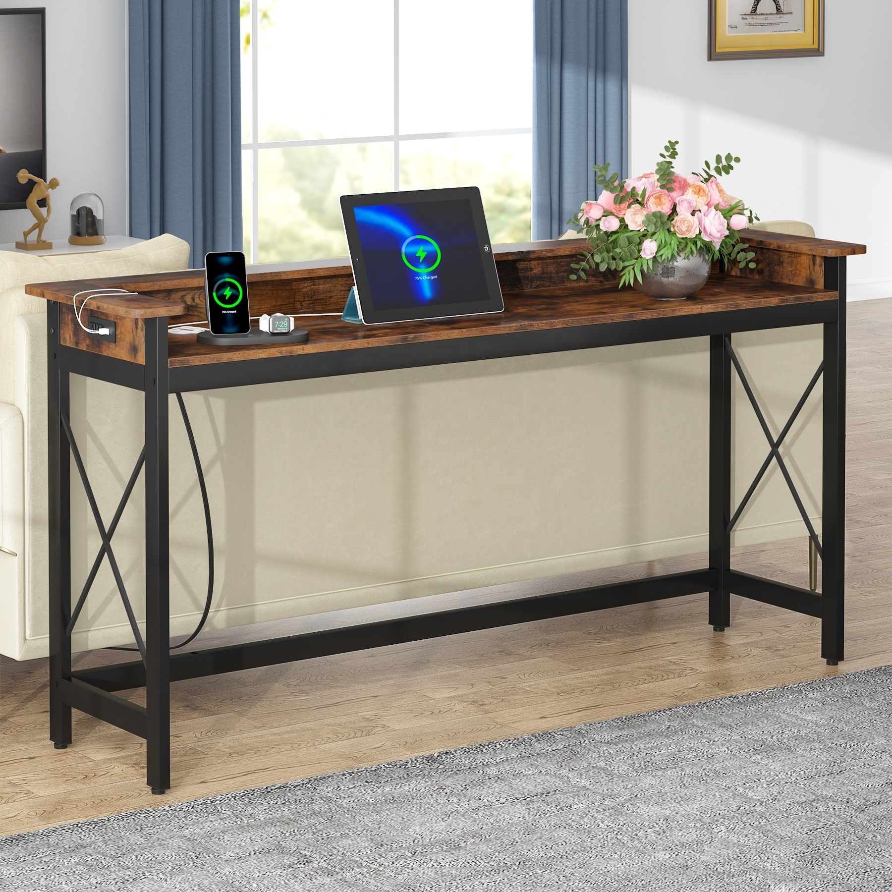 Tribesigns modern wood skinny meuble d'entree couloir sofa coffee bar long console side table with charging station