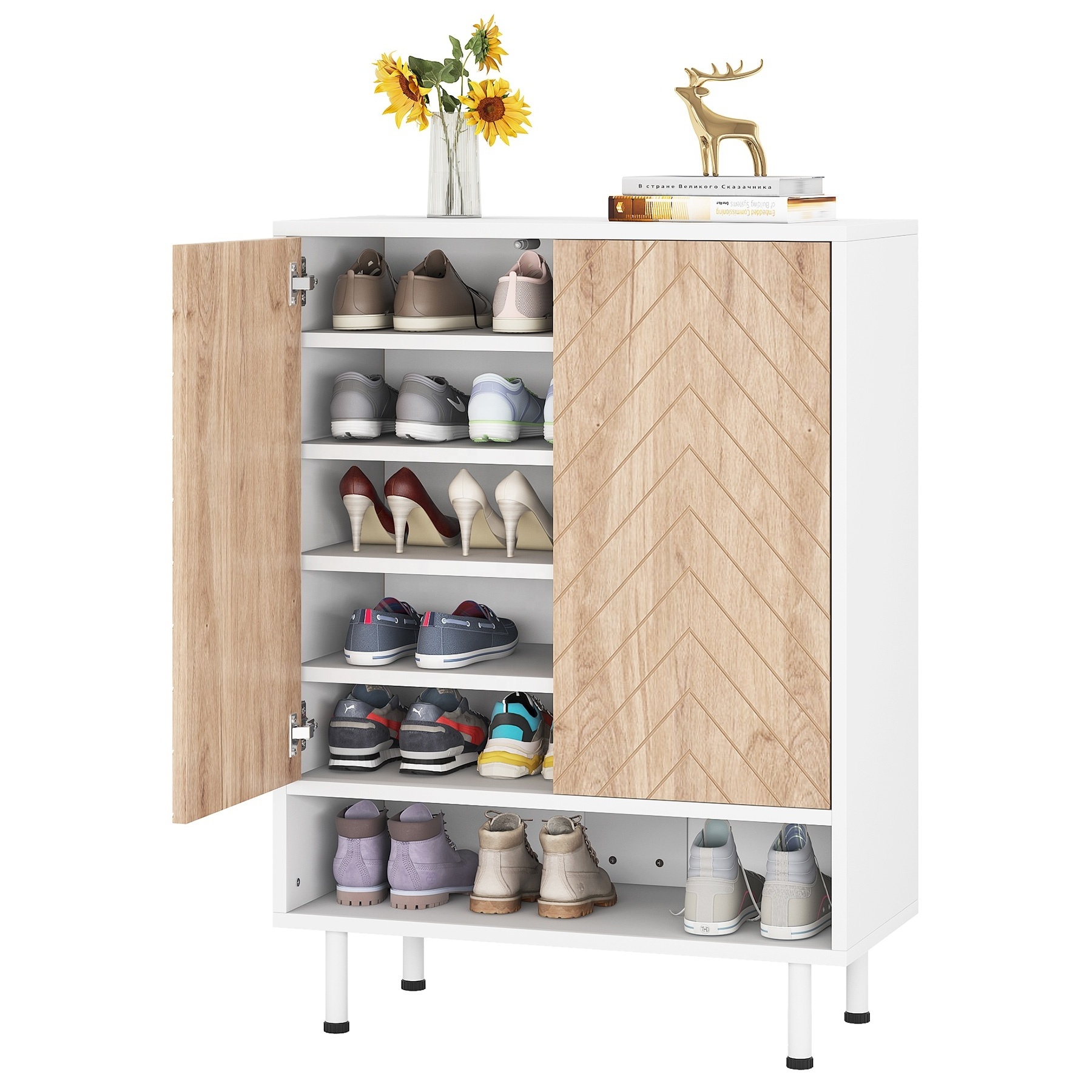 Tribesigns Wooden Shoe Cabinet with Door 6-Tier Modern White Entryway Shoe Storage Living Room Furniture