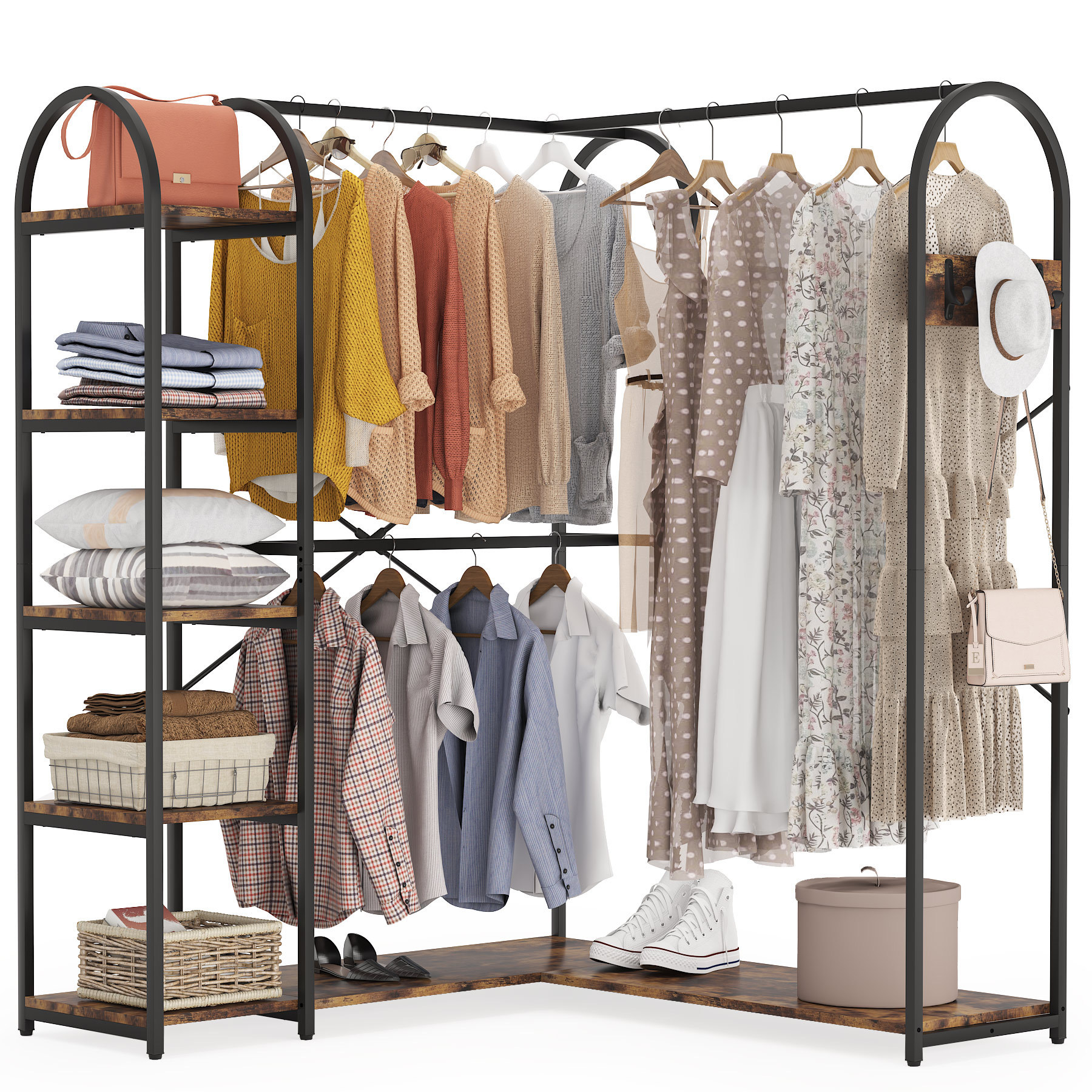 Tribesigns L Shape Clothes Storage Rack Corner Garment Rack Large Open Closet Organizer Bedroom Hotel Furniture Wardrobes