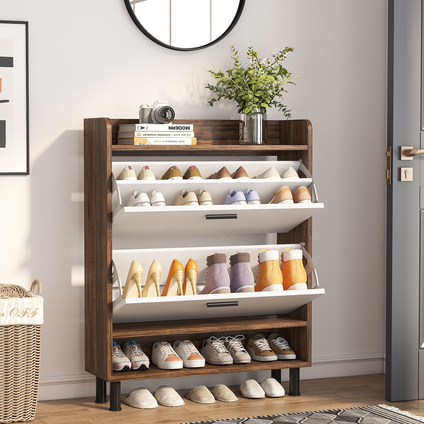 Tribesigns Vintage 2-Tier Shoe Rack with Rotating Doors Oak Storage ...
