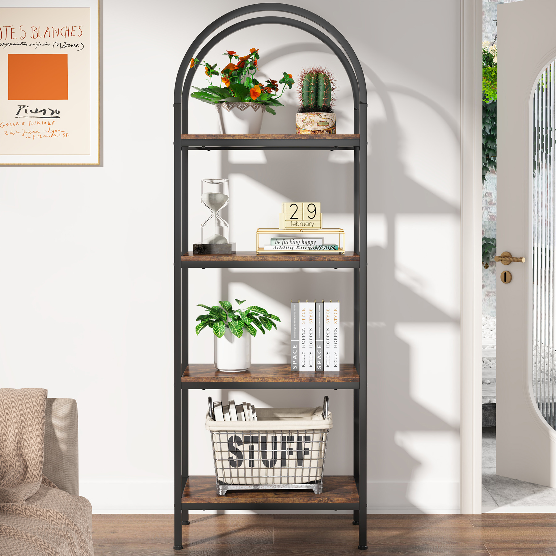 Tribesigns Industrial Arched Bookcase Storage Shelves with Metal Frame Open Wooden Tall Bookshelf Display Shelf