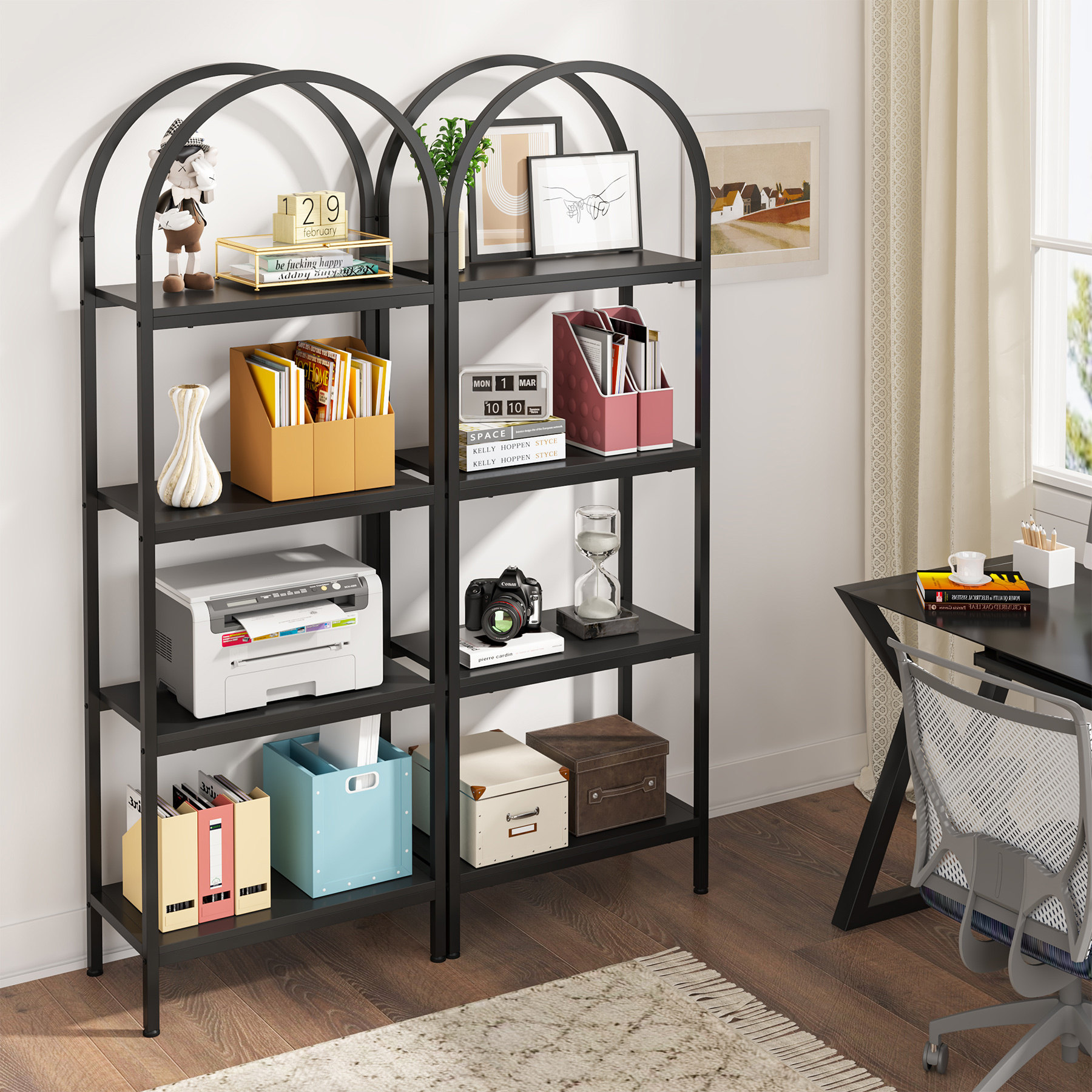 Tribesigns Industrial Arched Bookcase Storage Shelves with Metal Frame Open Wooden Tall Bookshelf Display Shelf