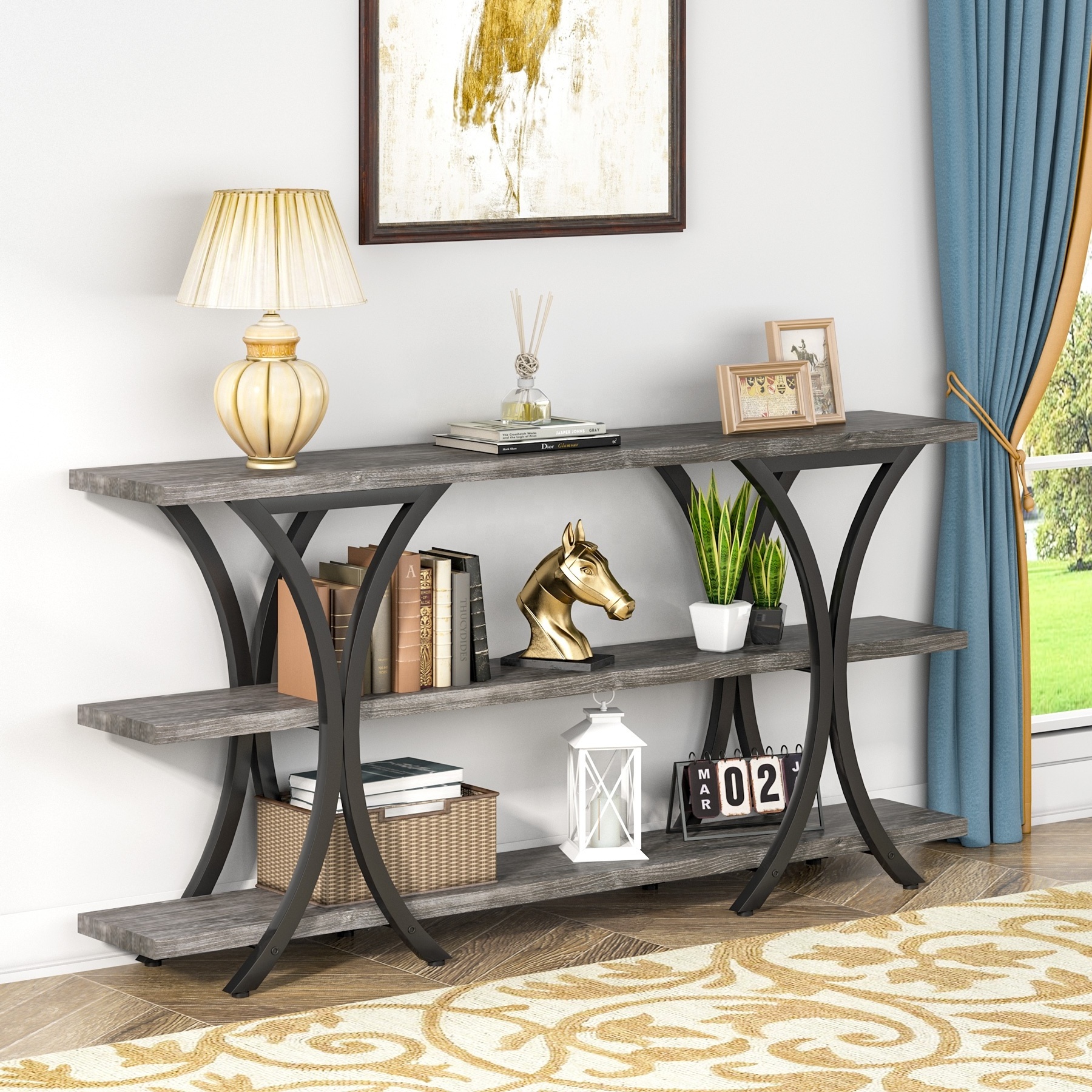 Tribesigns Gray 70.8 Inch Narrow Long Entry Console Sofa Table with 3 Tier Storage Shelves for Entryway Hallway Living Room