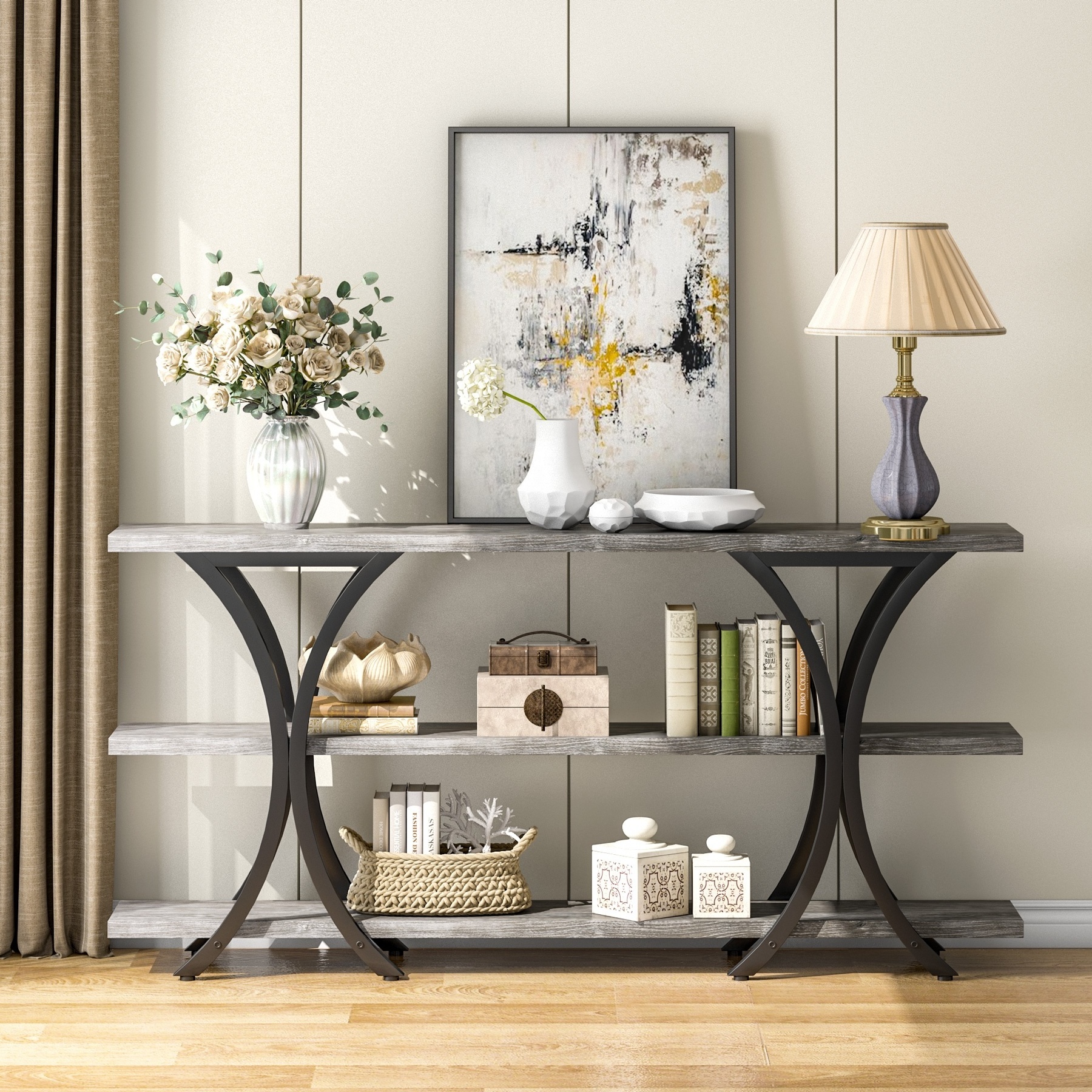 Tribesigns Gray 70.8 Inch Narrow Long Entry Console Sofa Table with 3 Tier Storage Shelves for Entryway Hallway Living Room