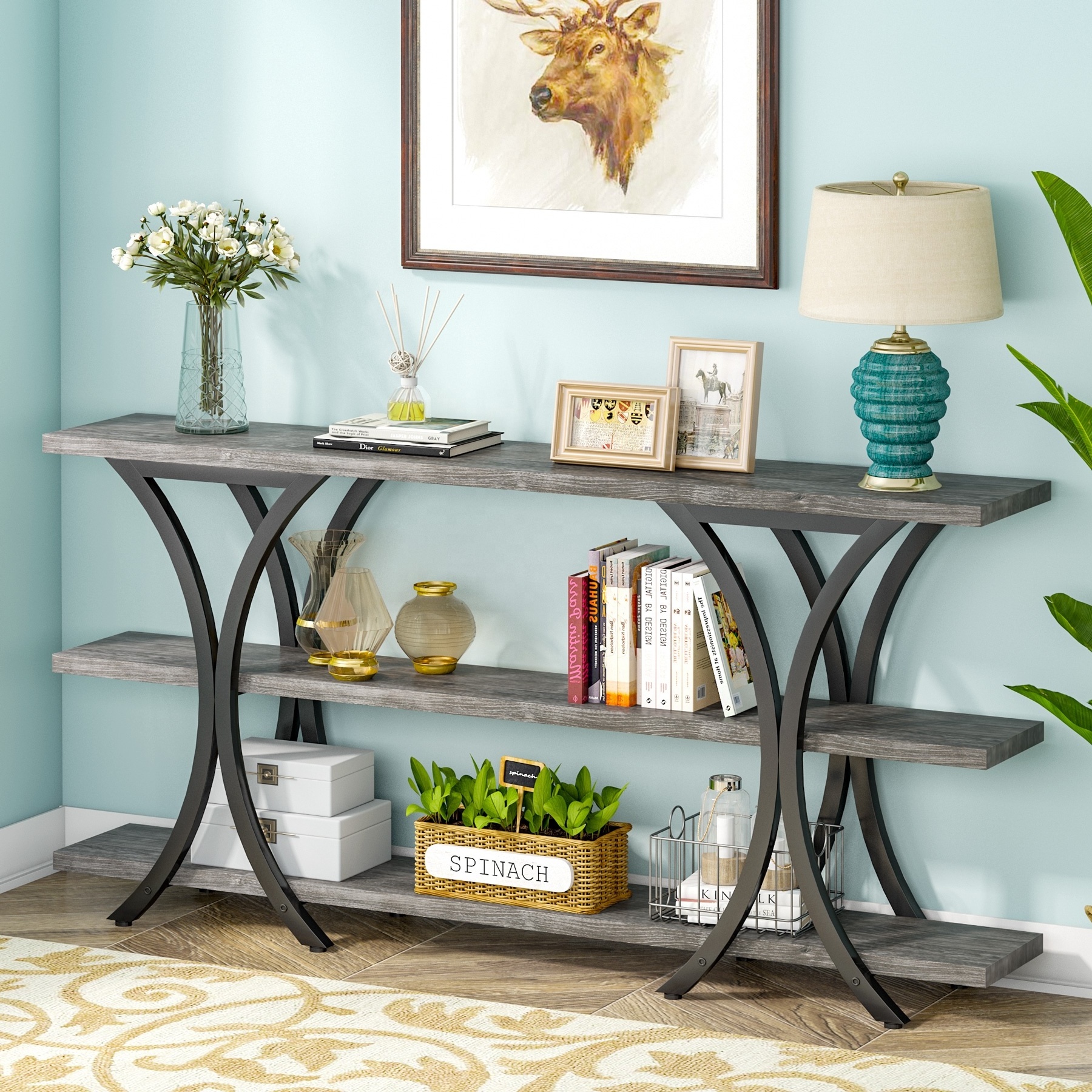 Tribesigns Gray 70.8 Inch Narrow Long Entry Console Sofa Table with 3 Tier Storage Shelves for Entryway Hallway Living Room