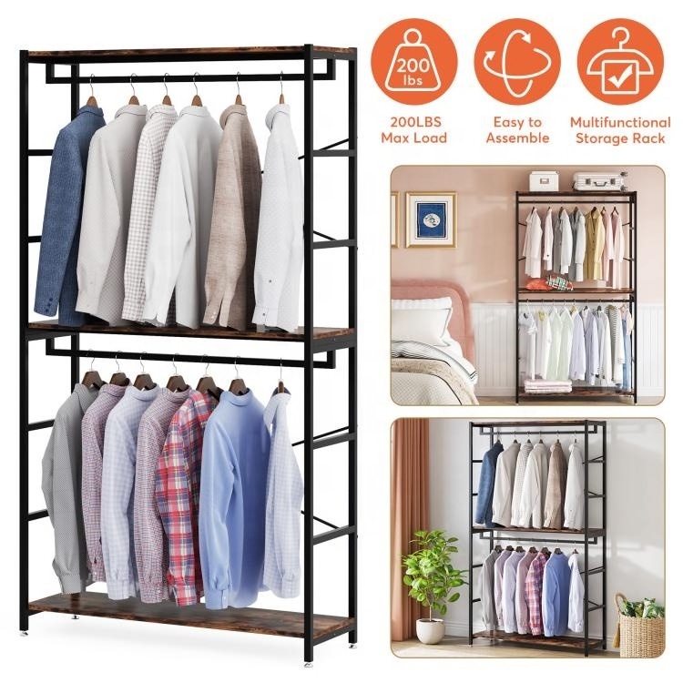 Tribesigns Heavy Duty 3 Tiers Shelves Clothes Portable Garment Racks Double Hanger Rod Wardrobe Wooden Bedroom Furniture