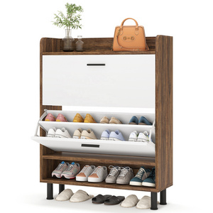 Tribesigns 2-Tier Wooden Shoes Cabinet with Flip Doors Industrial Storage Shoe Rack Brown Living Room Furniture