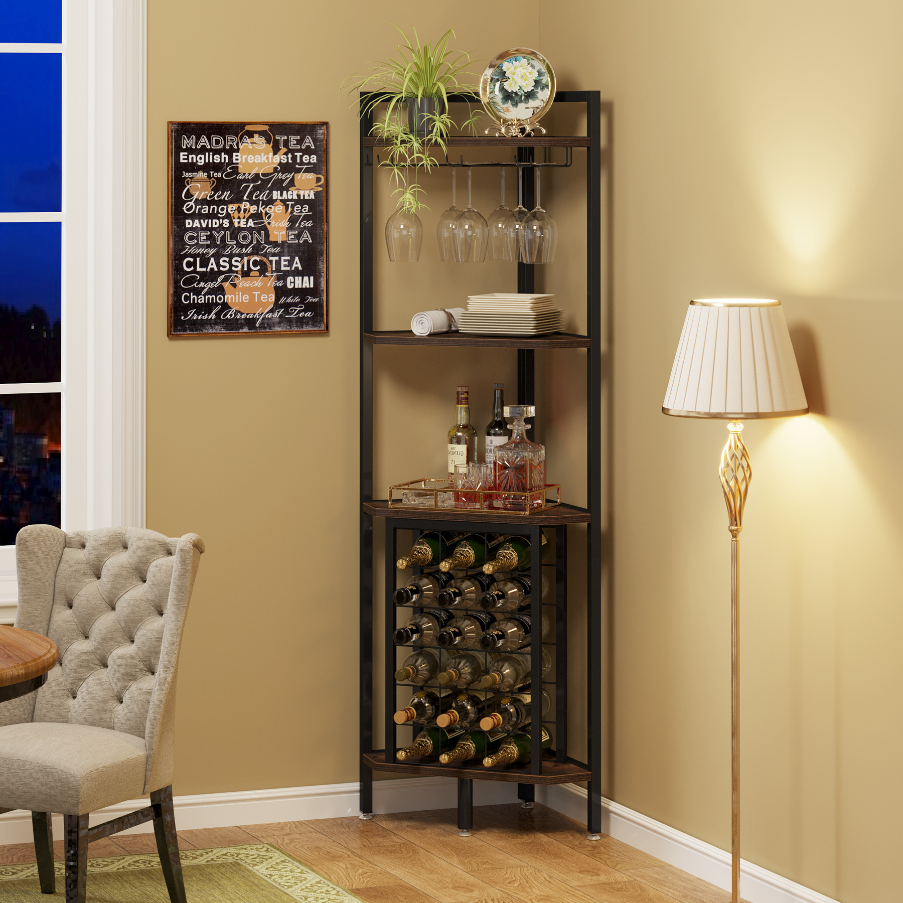 Tribesigns Tall Corner Bar with Glass Holder and Wine Rack 4 Tier Storage Shelves Wine Bottle Rack with 18 thin Space