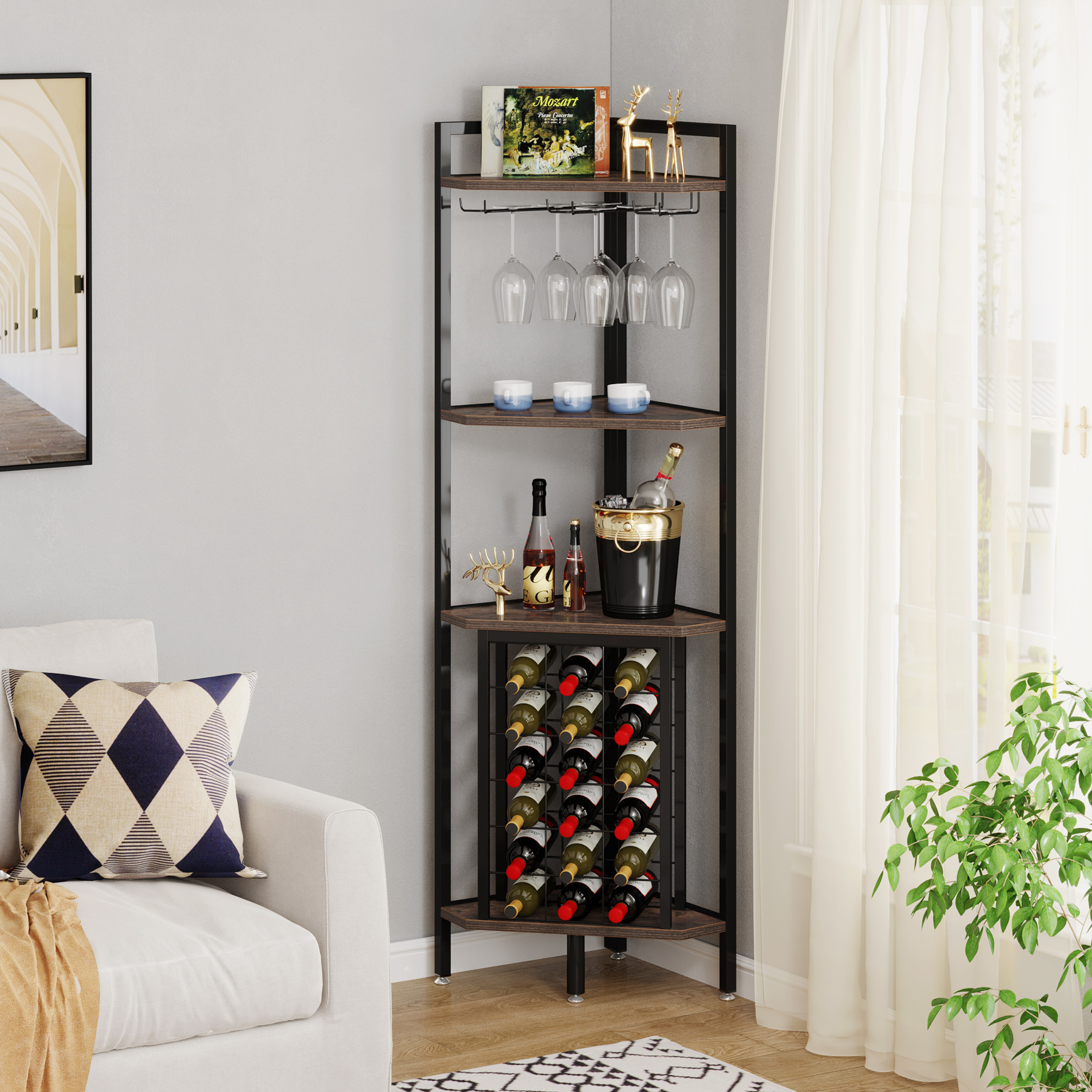 Tribesigns Tall Corner Bar with Glass Holder and Wine Rack 4 Tier Storage Shelves Wine Bottle Rack with 18 thin Space