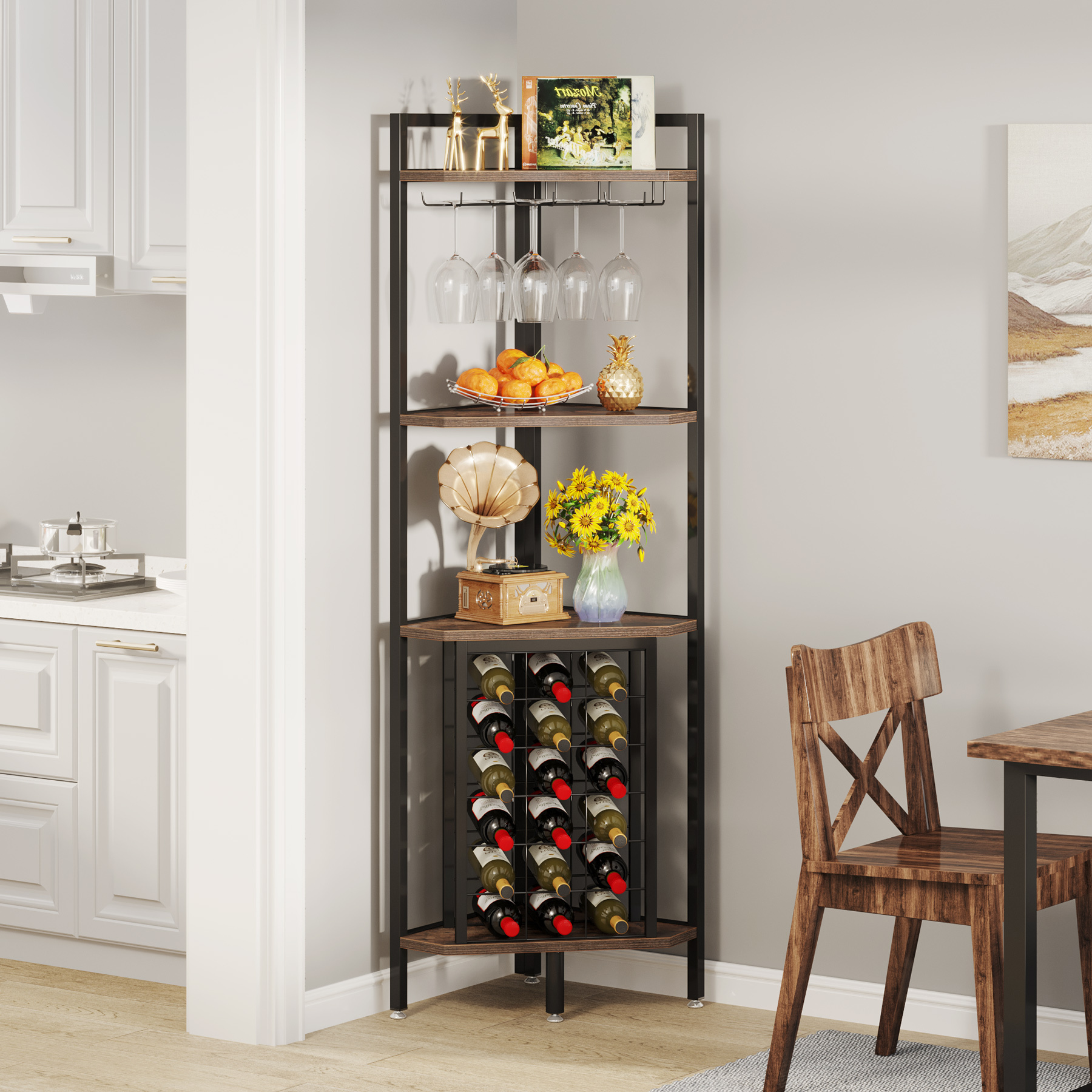 Tribesigns Tall Corner Bar with Glass Holder and Wine Rack 4 Tier Storage Shelves Wine Bottle Rack with 18 thin Space