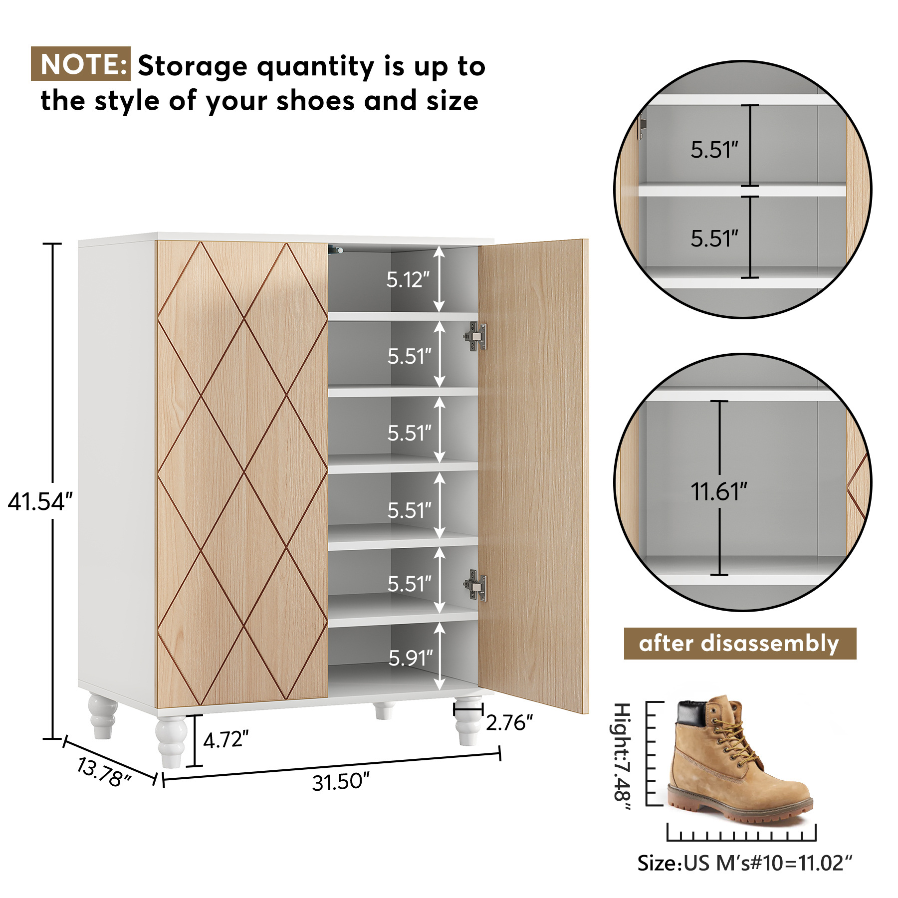 Tribesigns 7-Tier Shoe Rack with Adjustable Shelves Entryway Wooden Grid Pattern Stable Shoes Cabinet with Solid Wood Legs