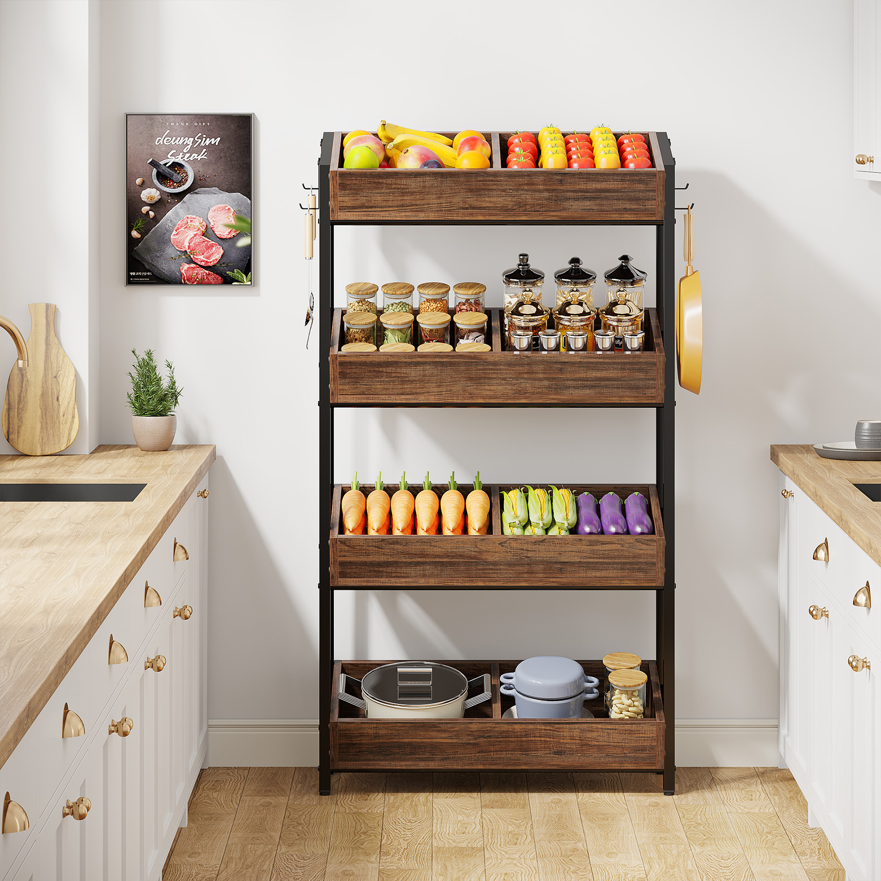 Tribesigns Wooden Multi-Functional Shelf Rack 4-Tier Furniture Unit for Kitchen Pantry Supermarket Storage Shelf