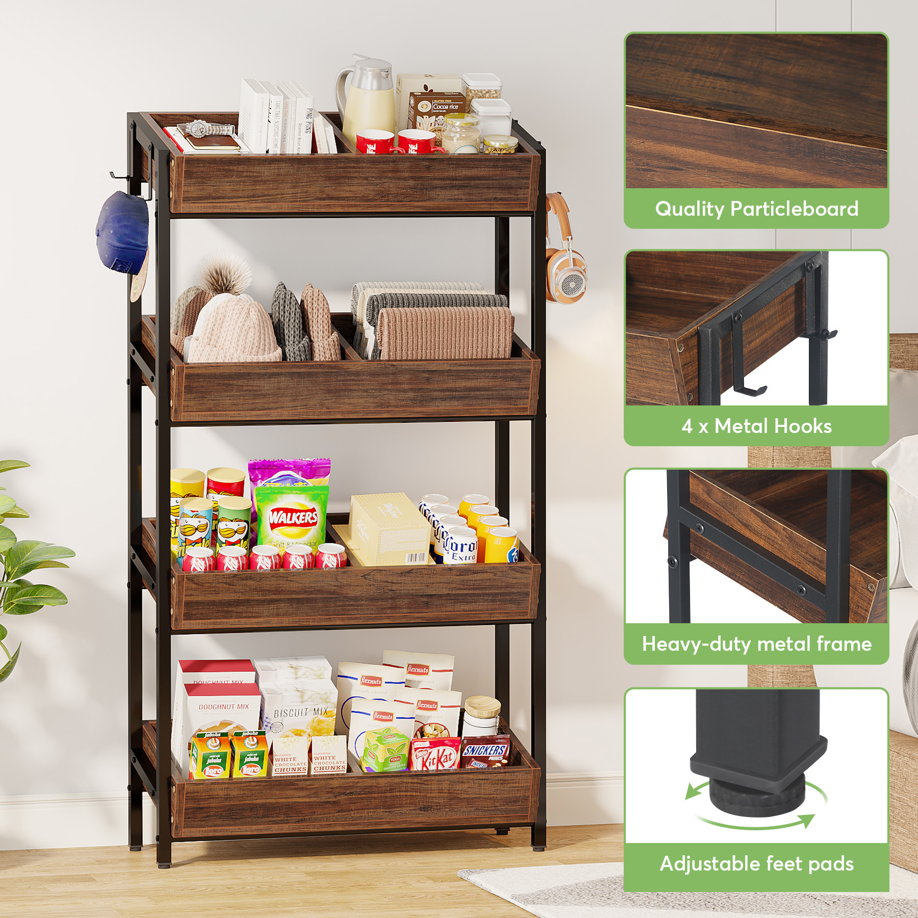 Tribesigns Wooden Multi-Functional Shelf Rack 4-Tier Furniture Unit for Kitchen Pantry Supermarket Storage Shelf