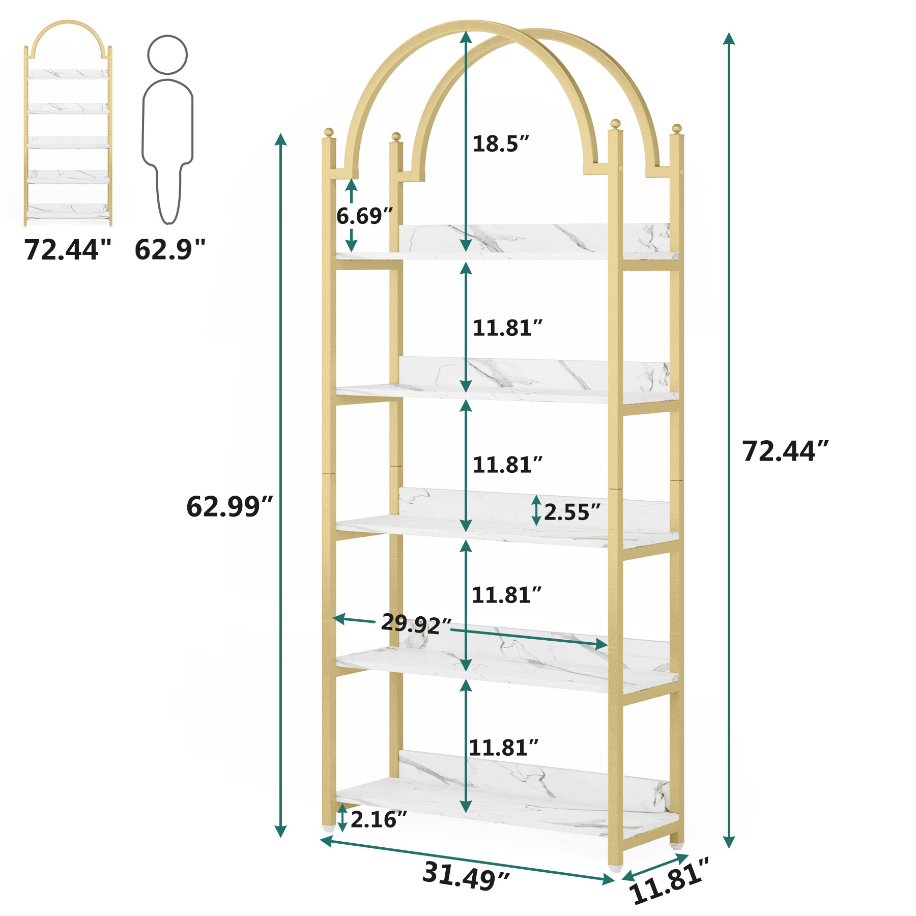 Tribesigns Modern Luxury Gold Arched Tall Bookshelf with 5 Tier Shelves Decorative and Practical Storage and Display Shelf