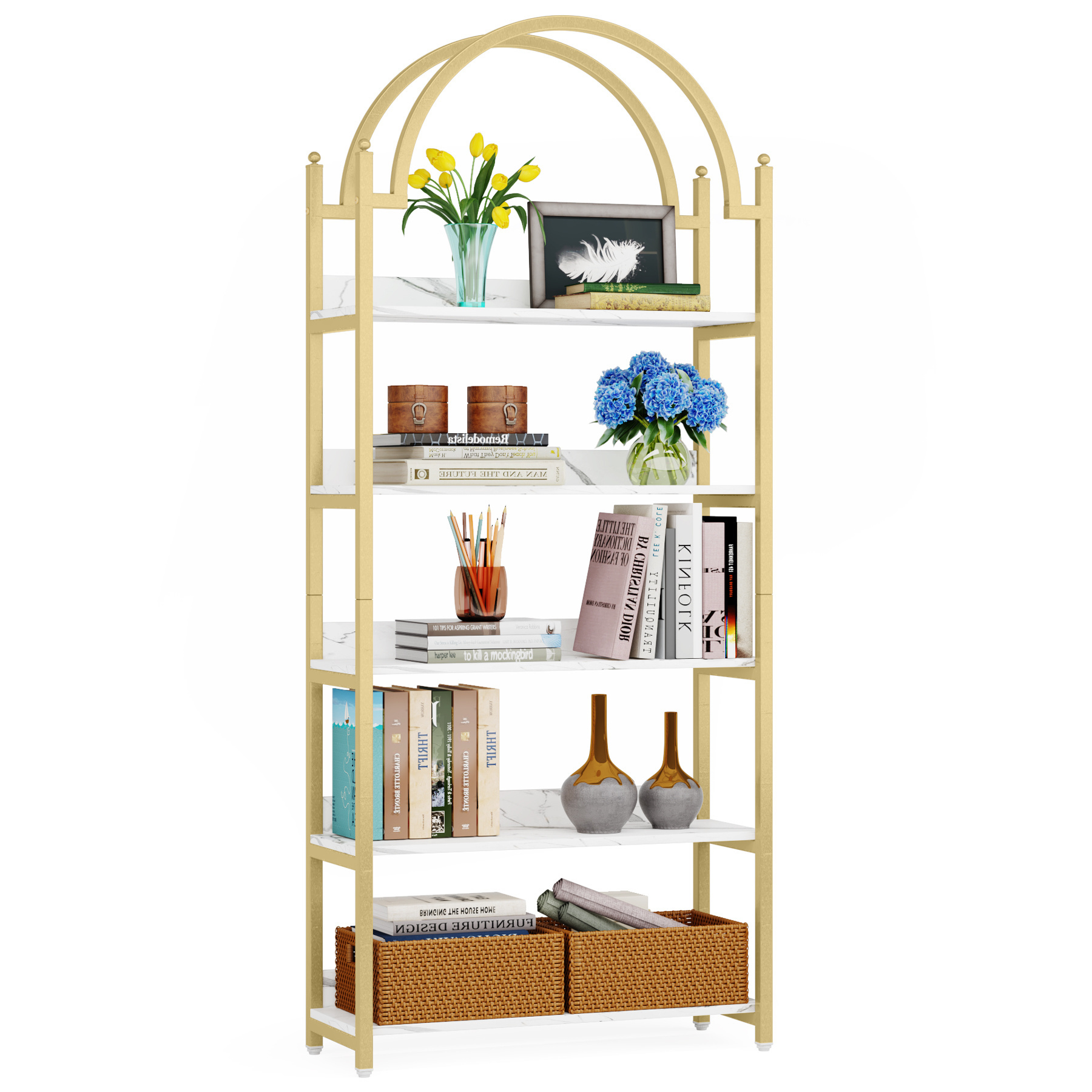 Tribesigns Modern Luxury Gold Arched Tall Bookshelf with 5 Tier Shelves Decorative and Practical Storage and Display Shelf