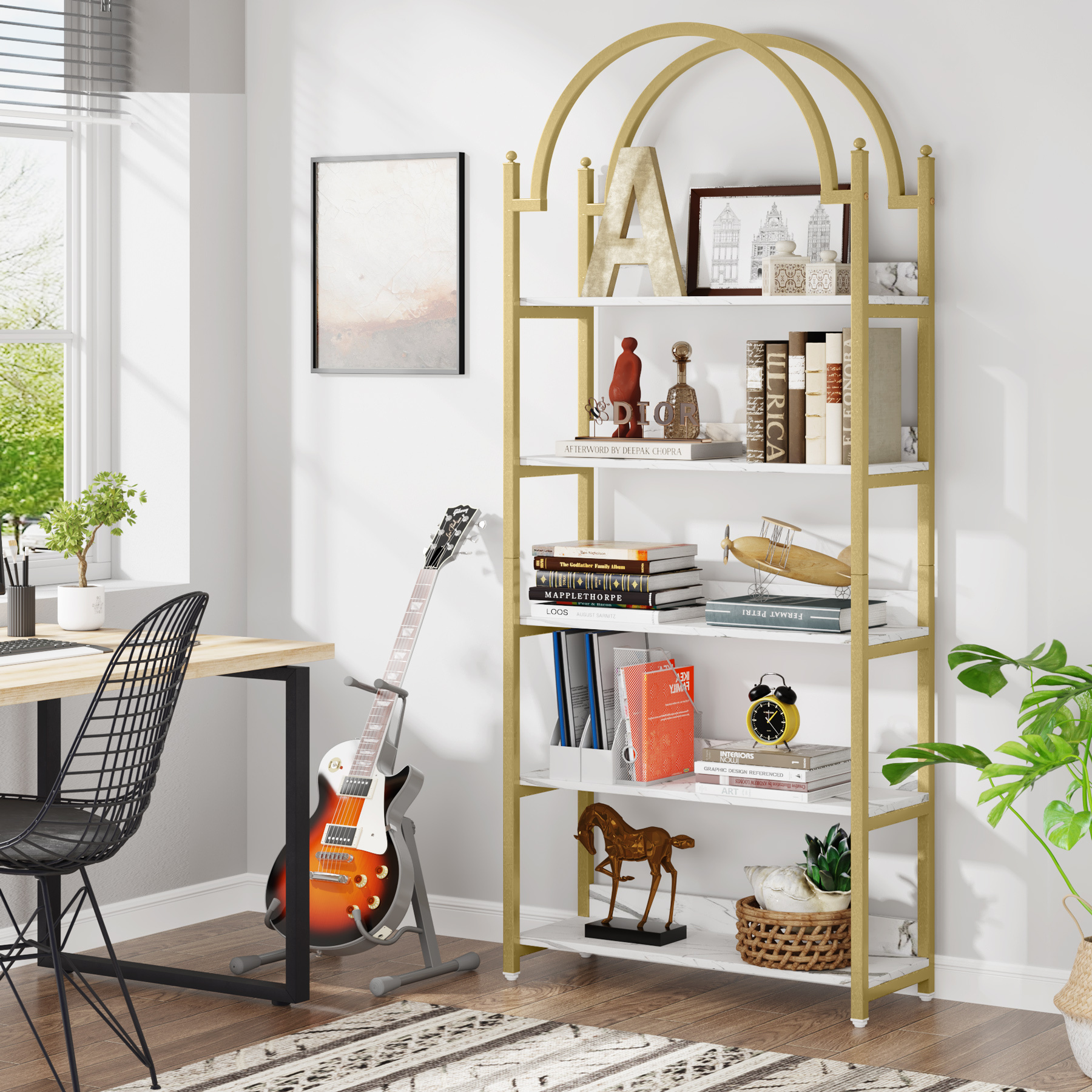 Tribesigns Modern Luxury Gold Arched Tall Bookshelf with 5 Tier Shelves Decorative and Practical Storage and Display Shelf