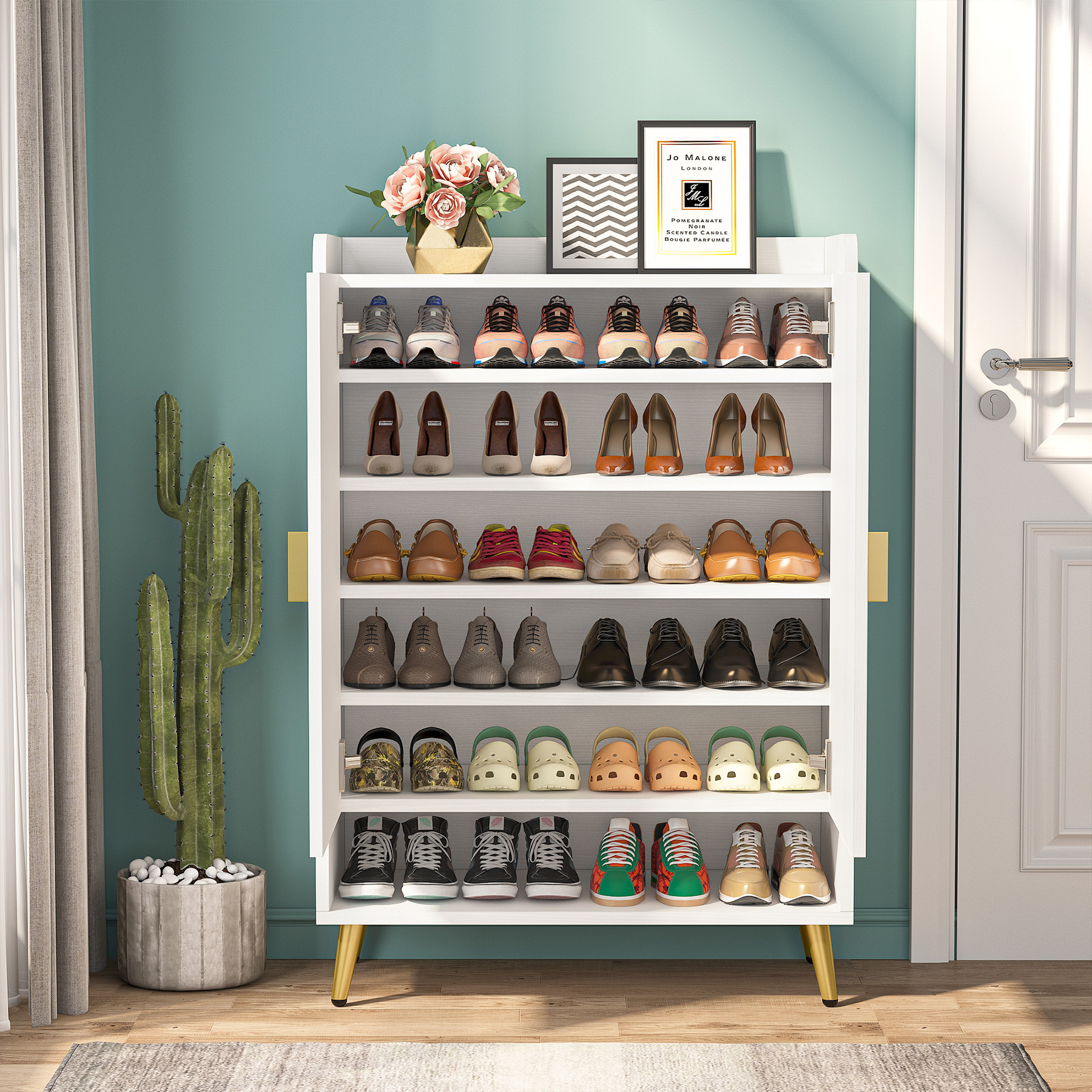 Tribesigns 7-Tier White Modern Wood Shoe Storage Cabinet with Adjustable Shelves and Doors for Living Room Entrance