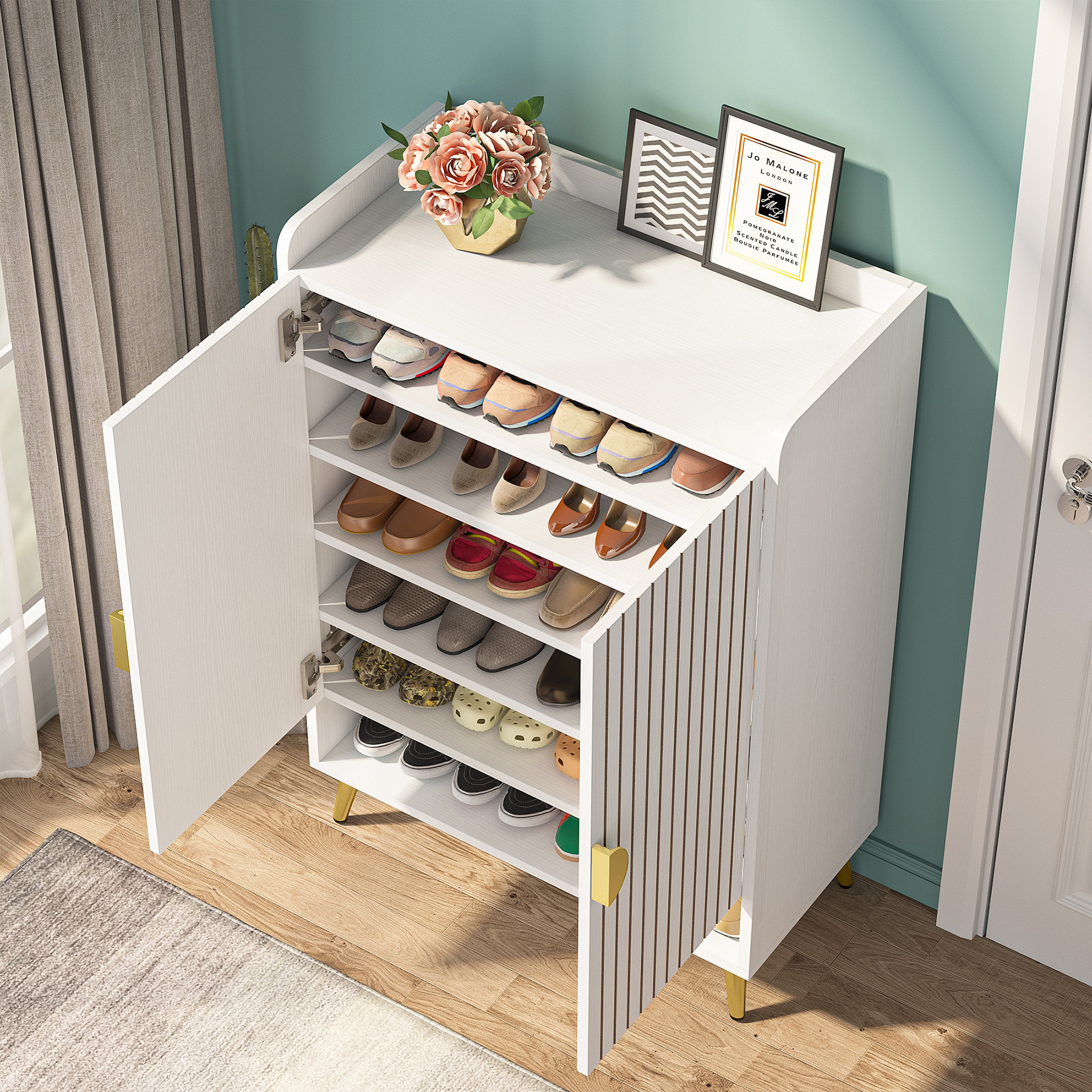 Tribesigns 7-Tier White Modern Wood Shoe Storage Cabinet with Adjustable Shelves and Doors for Living Room Entrance