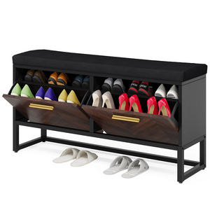 Tribesigns Wooden Slim and Long Shoe Rack Cabinet Modern with 2 Flip Drawers and Long Bench for Living Room Entrance