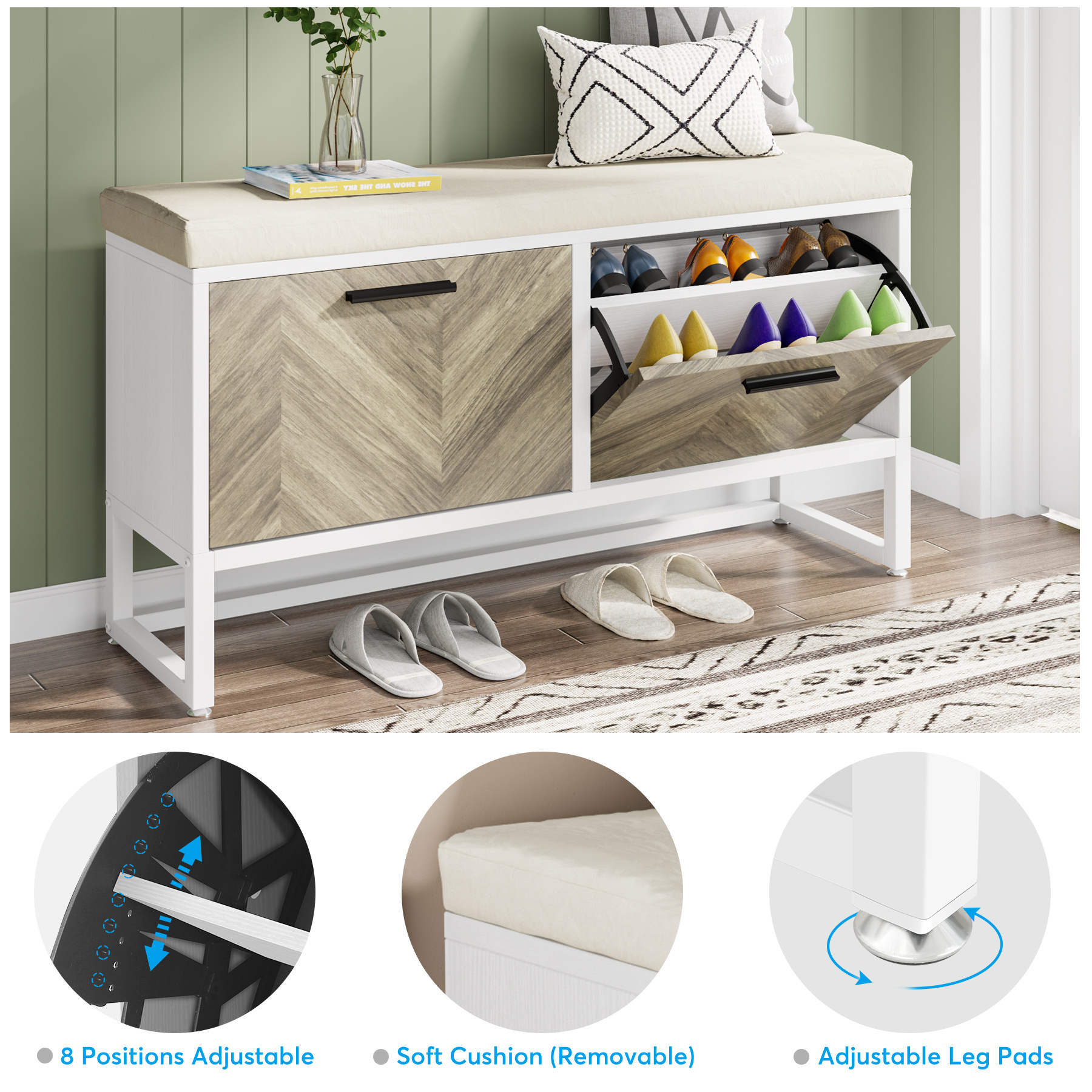 Tribesigns Modern Furniture Entryway Shoe Storage Bench with Seat Cushion Hidden Wood Shoes Cabinet