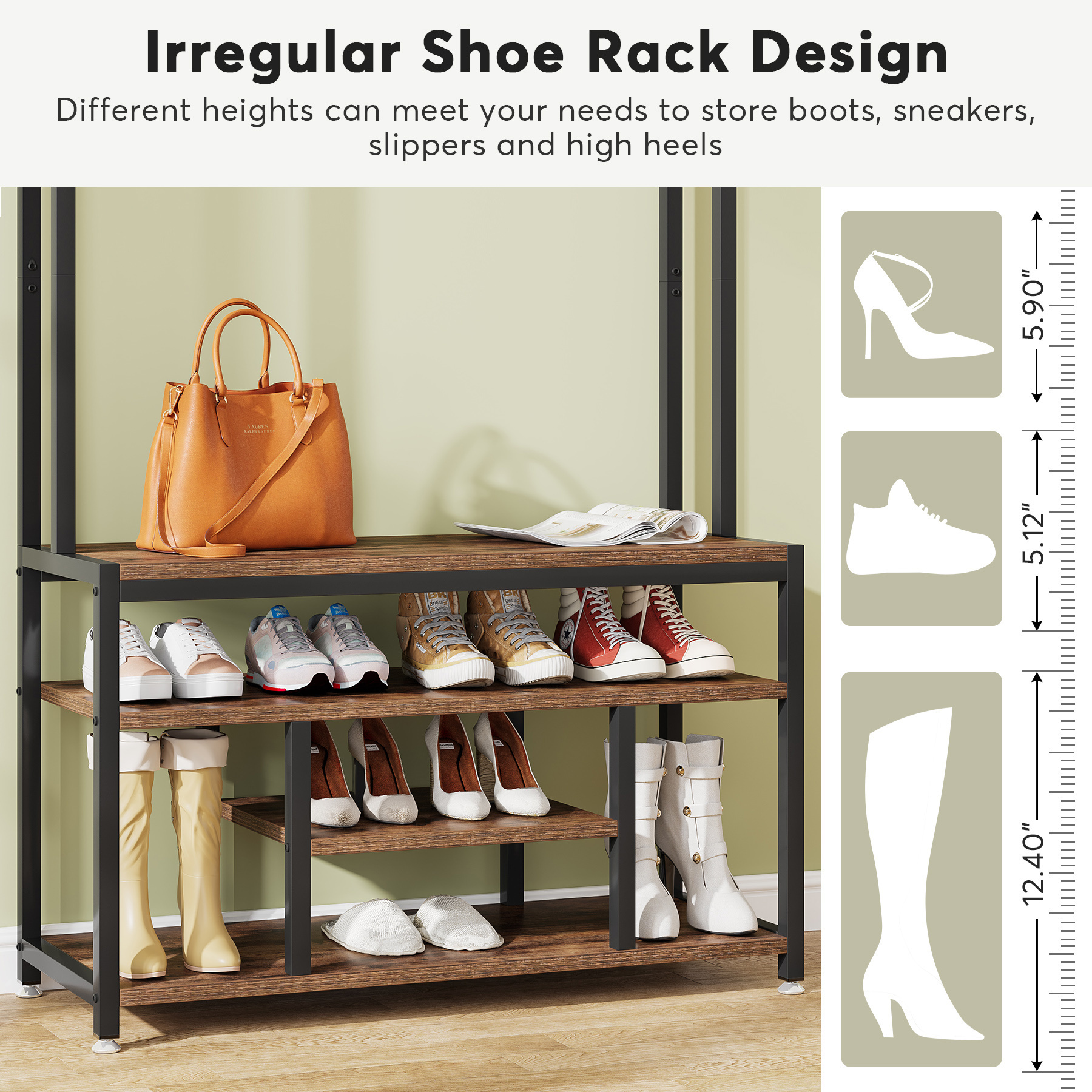 Tribesigns Brown Rustic Style  4 IN 1 Hall Tree with Shoe Rack Entryway Bench 4 Hanger Hooks and Storage Shelf Coat Rack