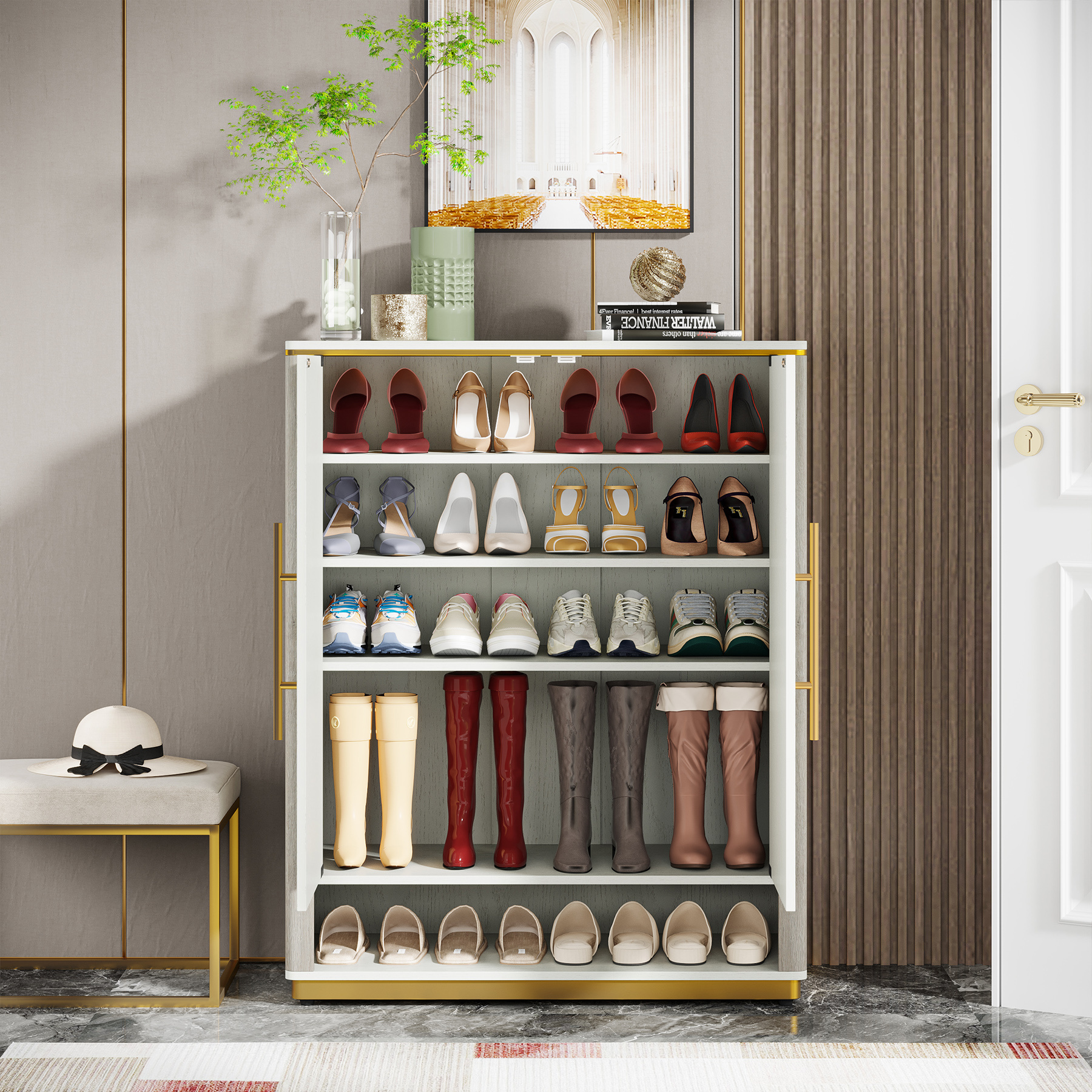 Tribesigns 6-Tier Shoe Cabinet, Wood Shoe Organizer with Bottom Shelf and Doors White Shoe Rack for Hallway Entrance