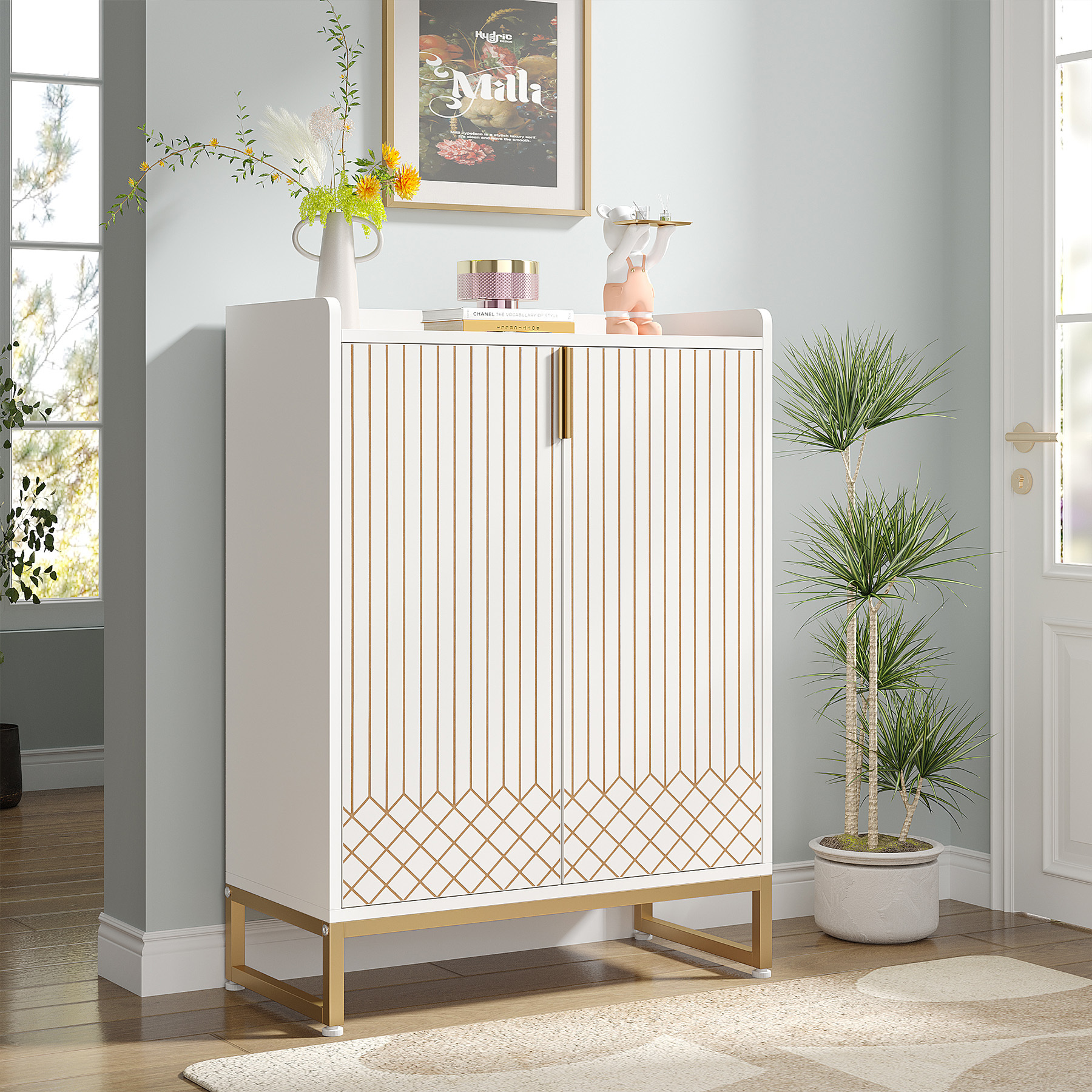 Tribesigns modern accent minimalist white wooden shoe storage cabinet for home living room entrance furniture