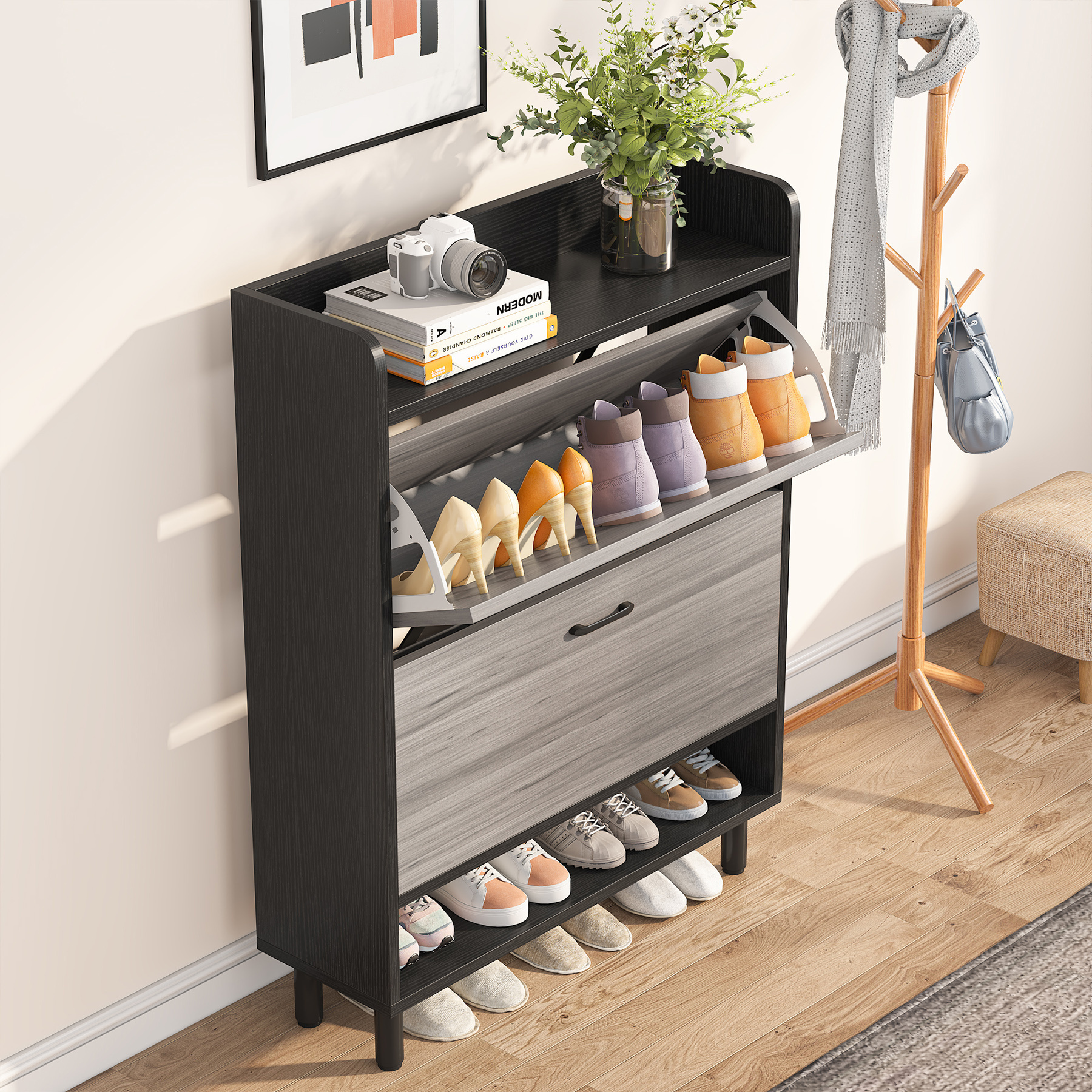 Tribesigns modern furniture accent wooden tipping bucket shoe cabinet with 2 flip drawers for home entrance