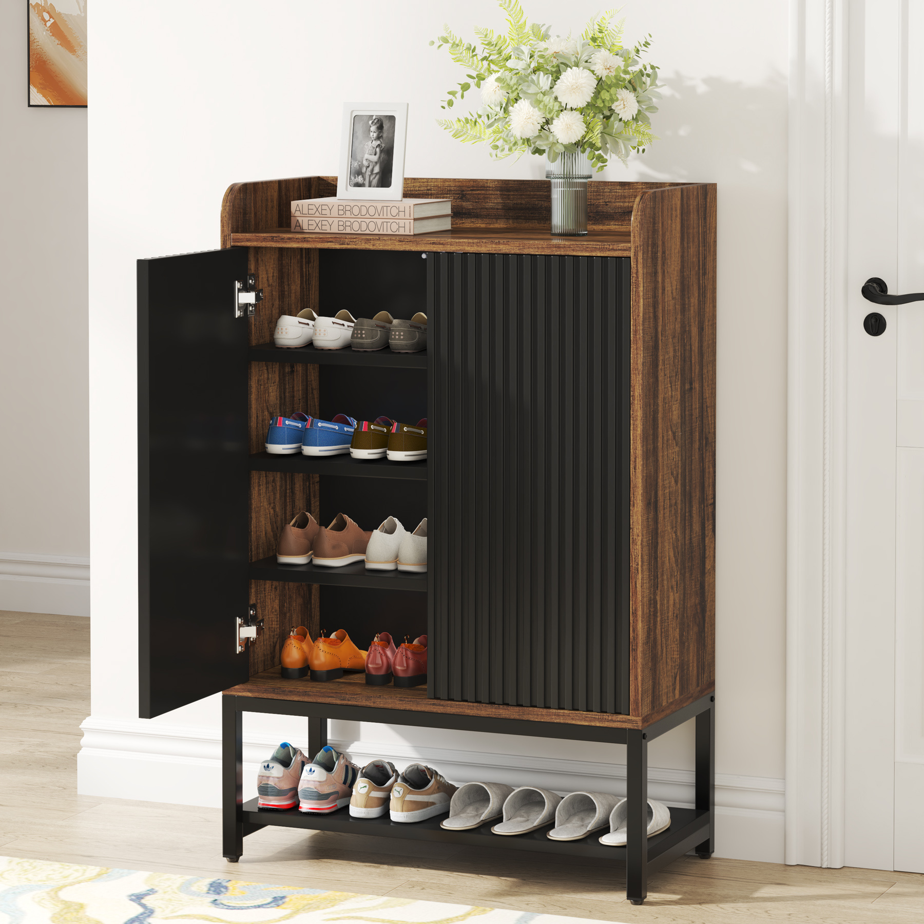 Tribesigns wholesale modern wooden retro entryway shoe cabinet with push open door for home entrance furniture