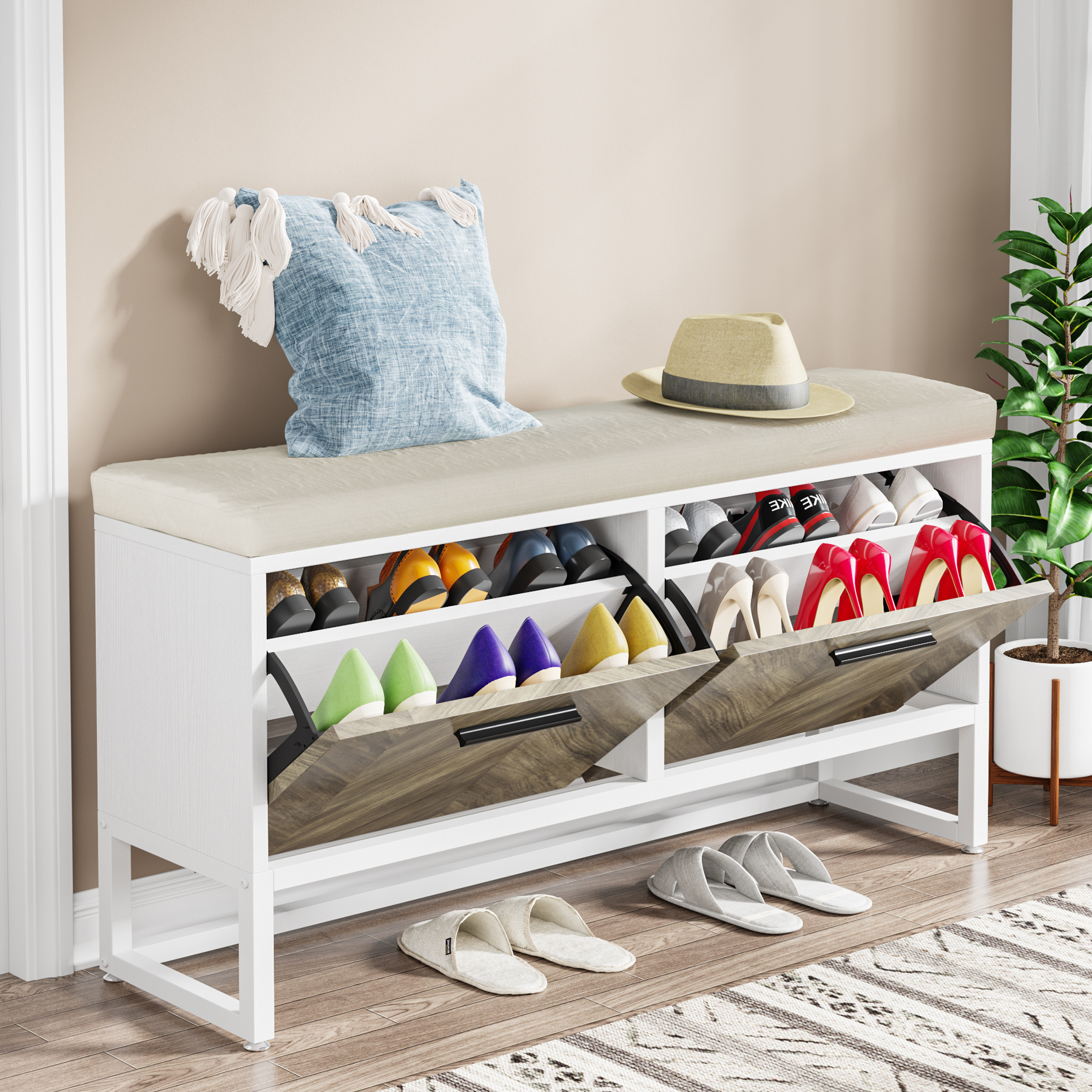 Tribesigns modern accent minimalist shoe bench rack tipping bucket shoe cabinet with hidden shoe storage for home entrance