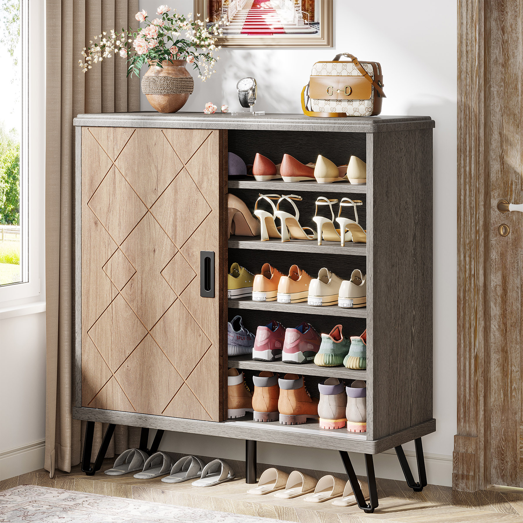 Modern european style antique wooden entryway corner sliding door shoe cabinet for home entrance furniture