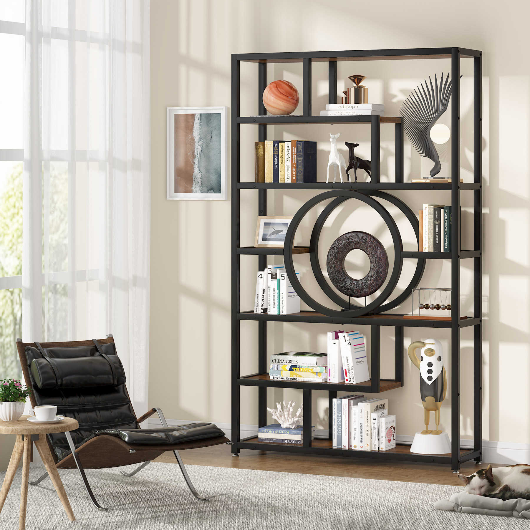 Home living furniture open brown black wooden bookshelf display shelving unit standing style