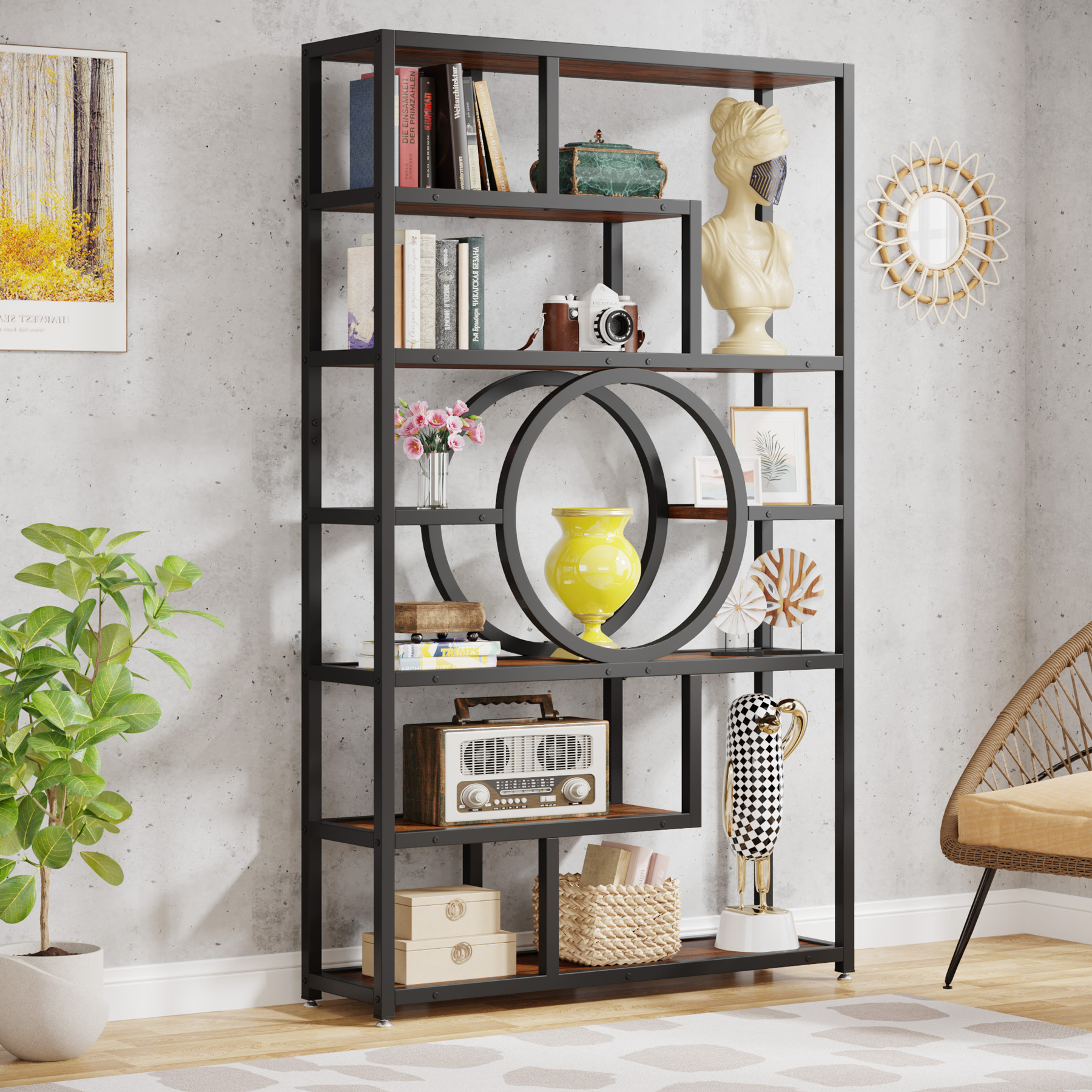 Home living furniture open brown black wooden bookshelf display shelving unit standing style