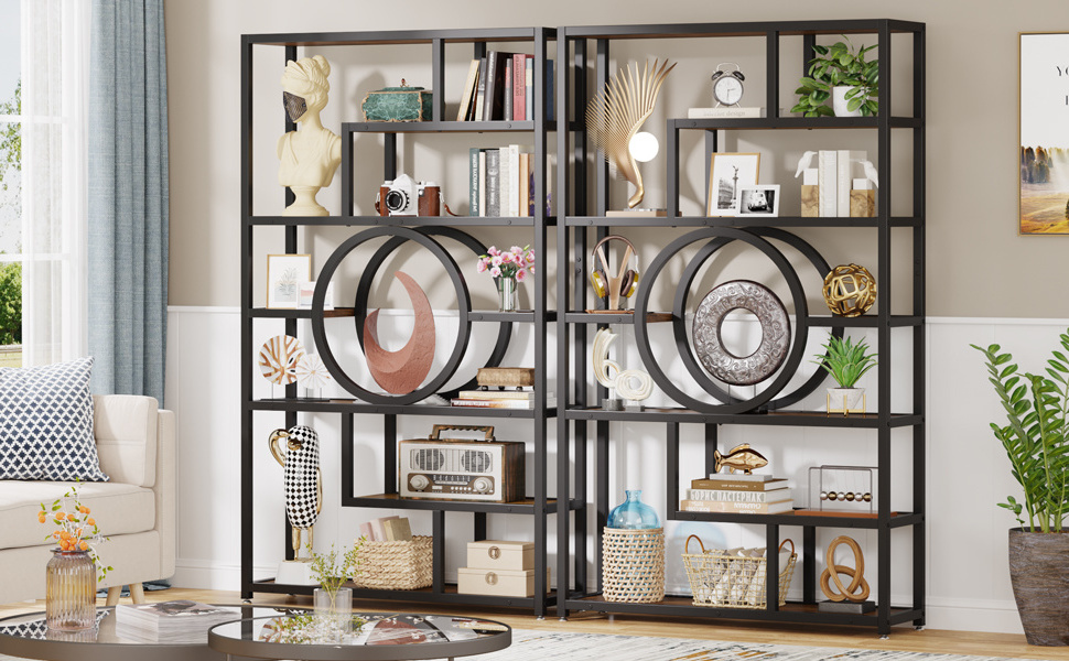 Home living furniture open brown black wooden bookshelf display shelving unit standing style