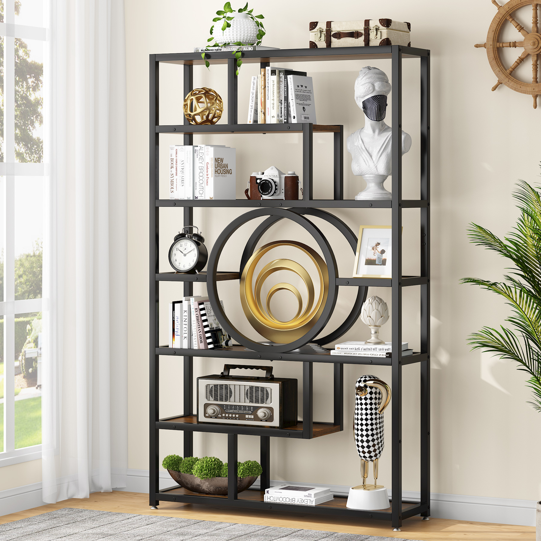 Home living furniture open brown black wooden bookshelf display shelving unit standing style