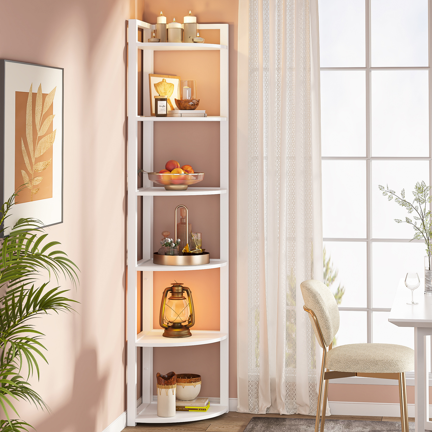 Factory direct open-back minimalist white 6 tier wooden storage corner shelving display shelf units standing type